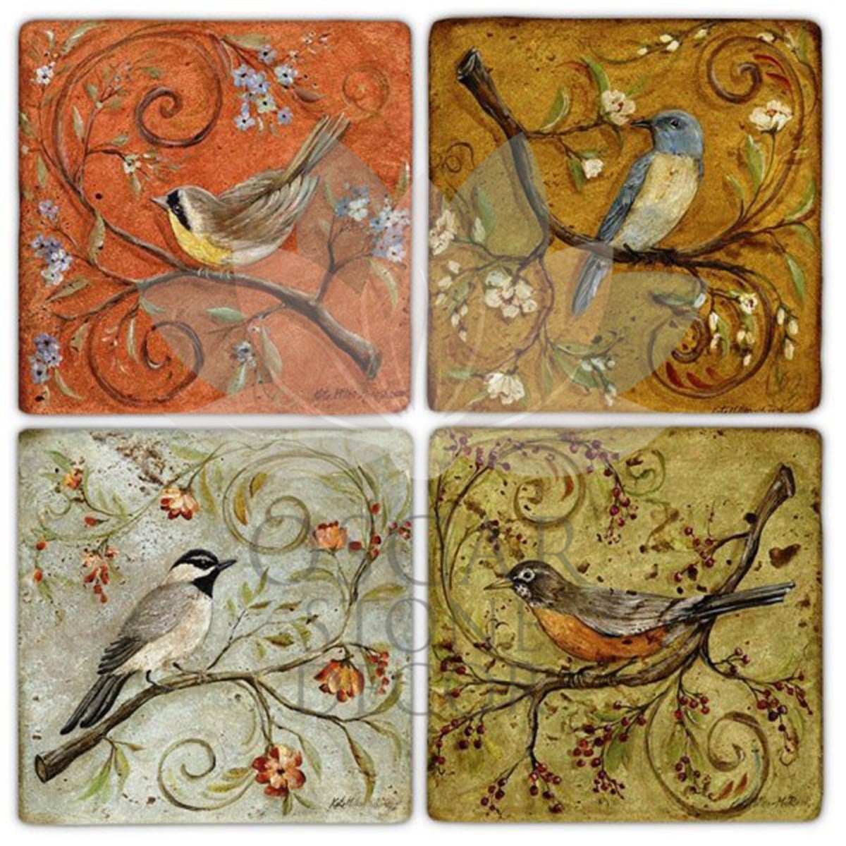 OSCAR STONE DECOR SPRING BIRD 4'lü DOĞALTAŞ BARDAK ALTLIĞI / BA234 (COASTER)