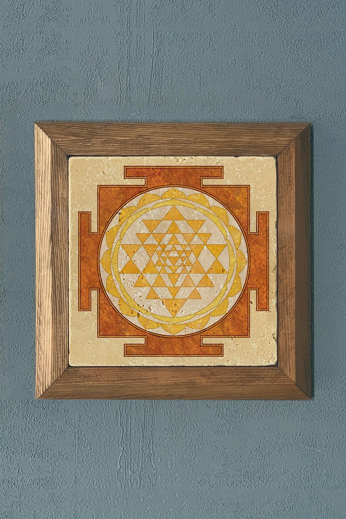 Oscar Stone Decor Sri Yantra Masif Ahşap Çerçeveli Taş Tablo -Duvar Dekoru-28X28 CM