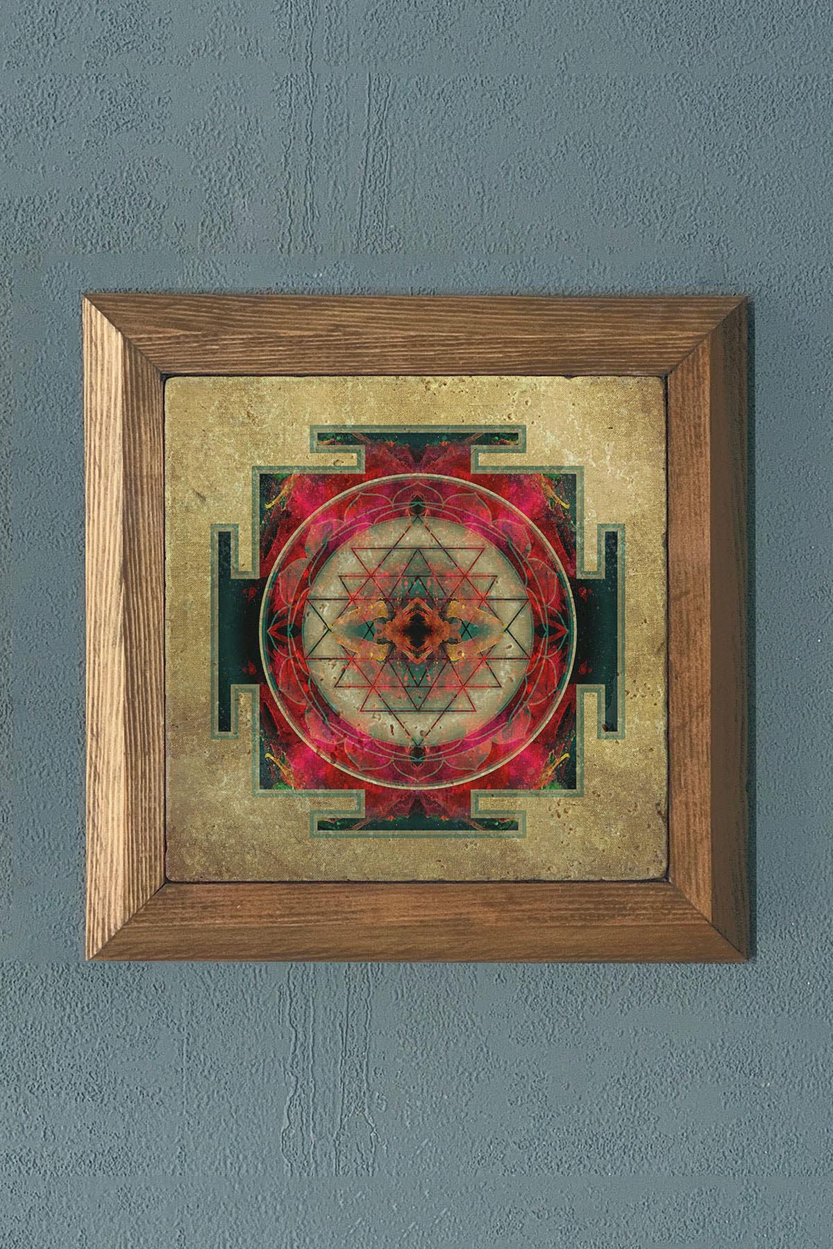 Oscar Stone Decor Sri Yantra Masif Ahşap Çerçeveli Taş Tablo -Duvar Dekoru-28X28 CM