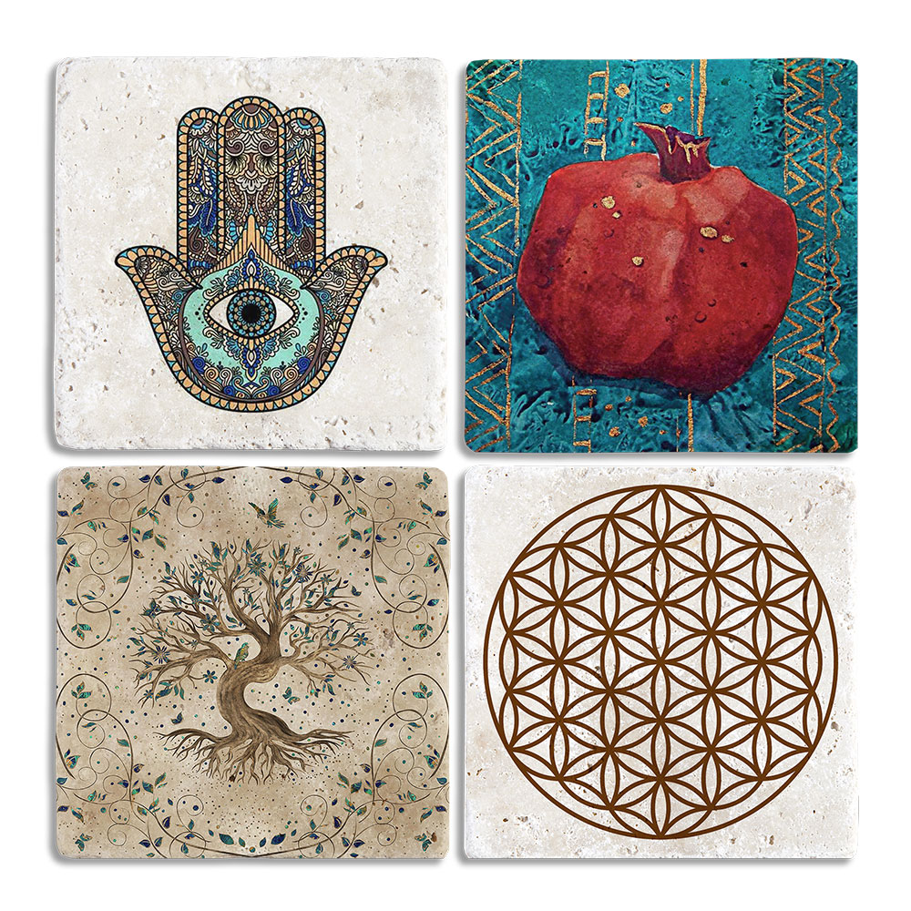 Oscar Stone Decor Taş Bardak Altlığı Stone Coasters - 4lü Set Nar Yaşam Çiçeği Fatma Ana Eli