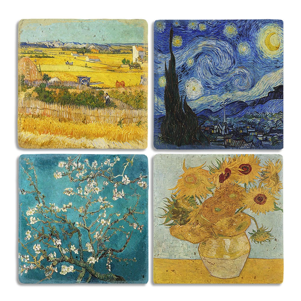 Oscar Stone Decor Taş Bardak Altlığı Stone Coasters - 4lü Set Vincent van Gogh Yıldızlı Gece