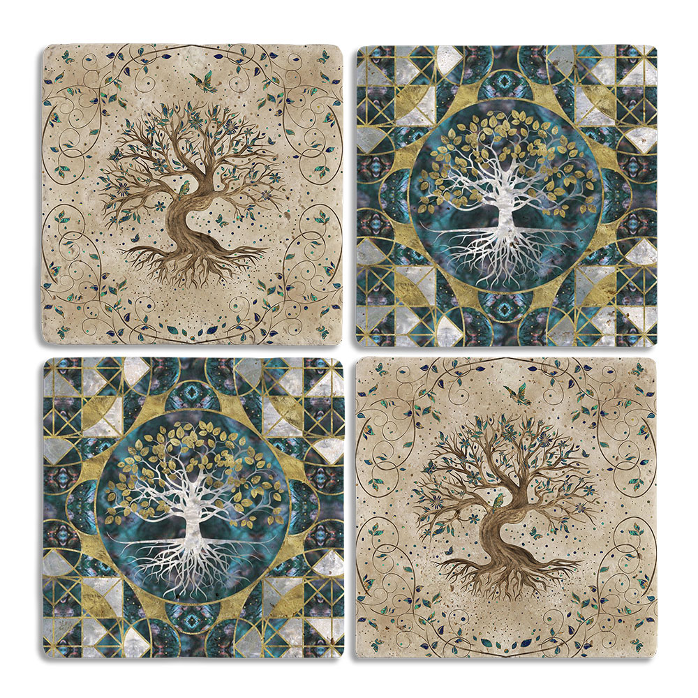 Oscar Stone Decor Taş Bardak Altlığı Stone Coasters - 4lü Set Hayat Ağacı Seti