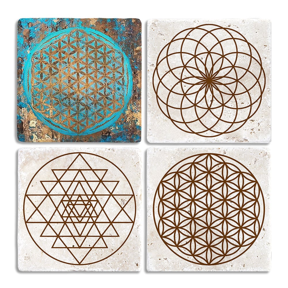 Oscar Stone Decor Taş Bardak Altlığı Stone Coasters - 4lü Set Lotus Sri Yantra Yaşam Çiçeği