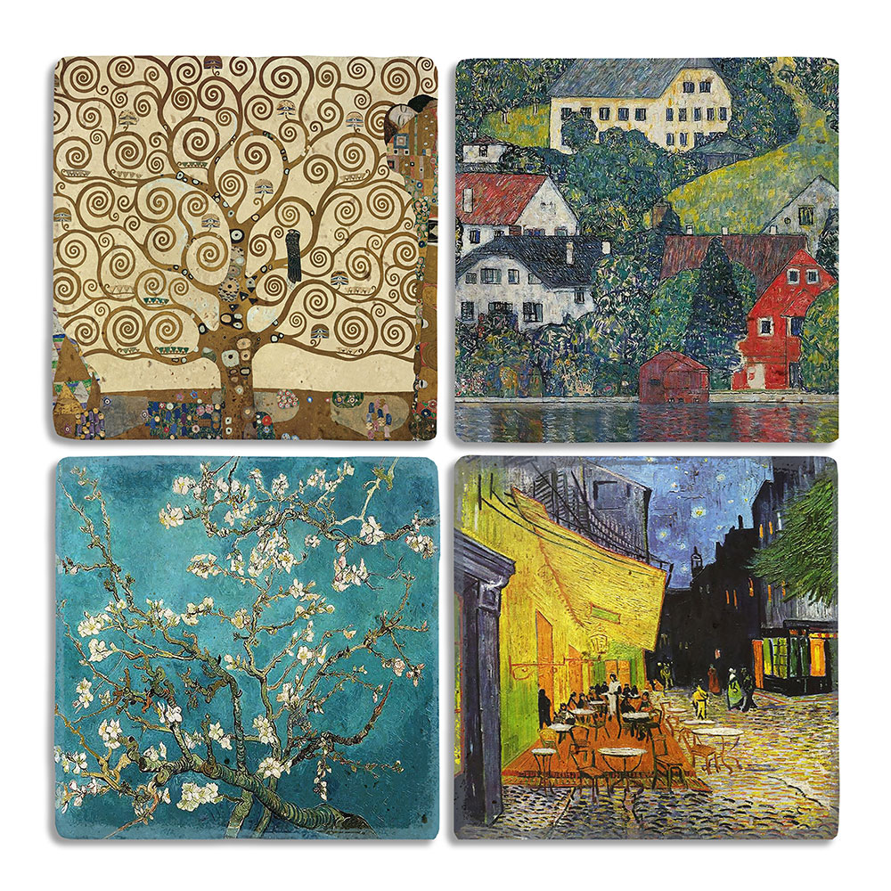 Oscar Stone Decor Taş Bardak Altlığı Stone Coasters - 4lü Set Gustav Klimt ve Van Gogh Tabloları