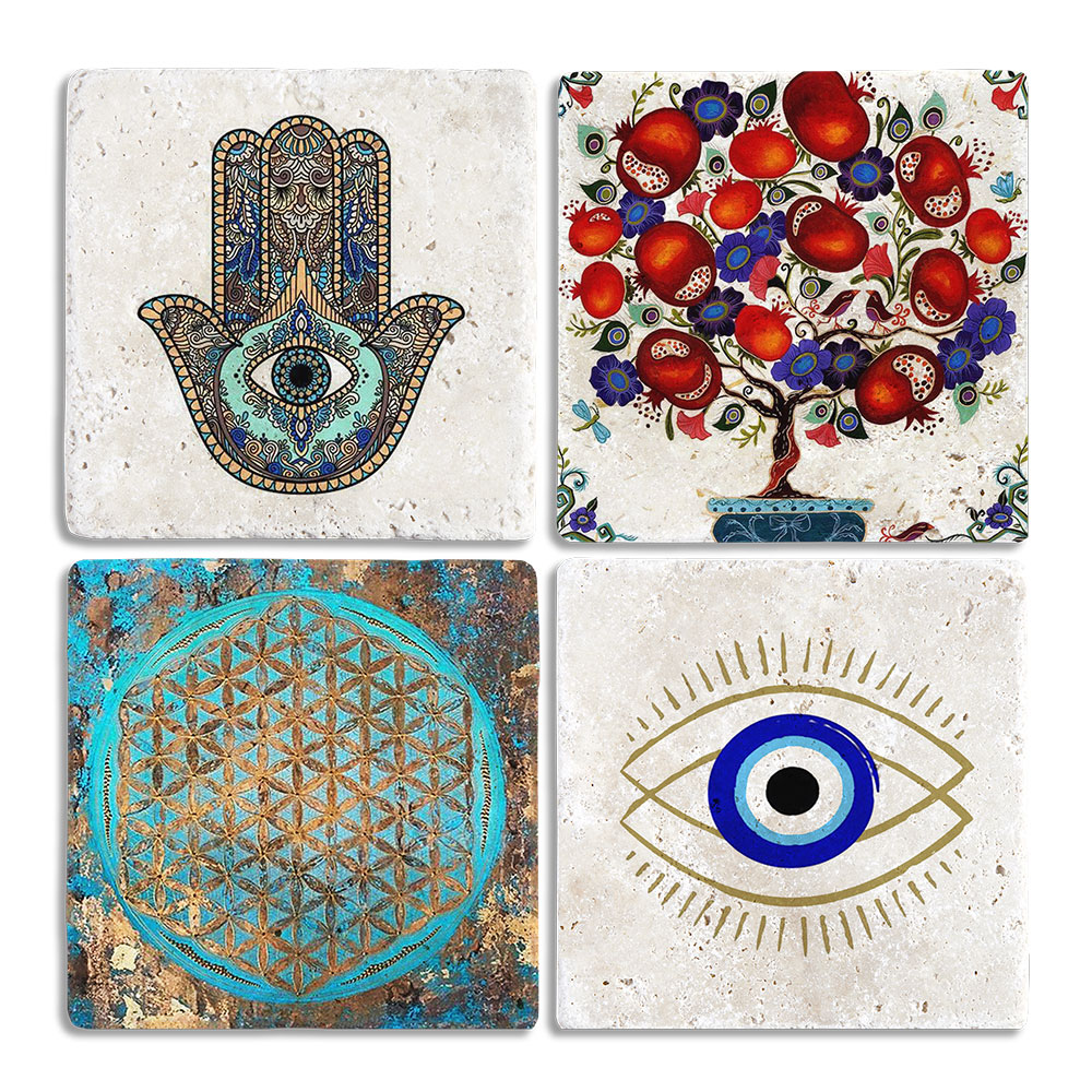 Oscar Stone Decor Taş Bardak Altlığı Stone Coasters - 4lü Set Nazar Bocuğu Fatma Ana Eli Nar Ağacı