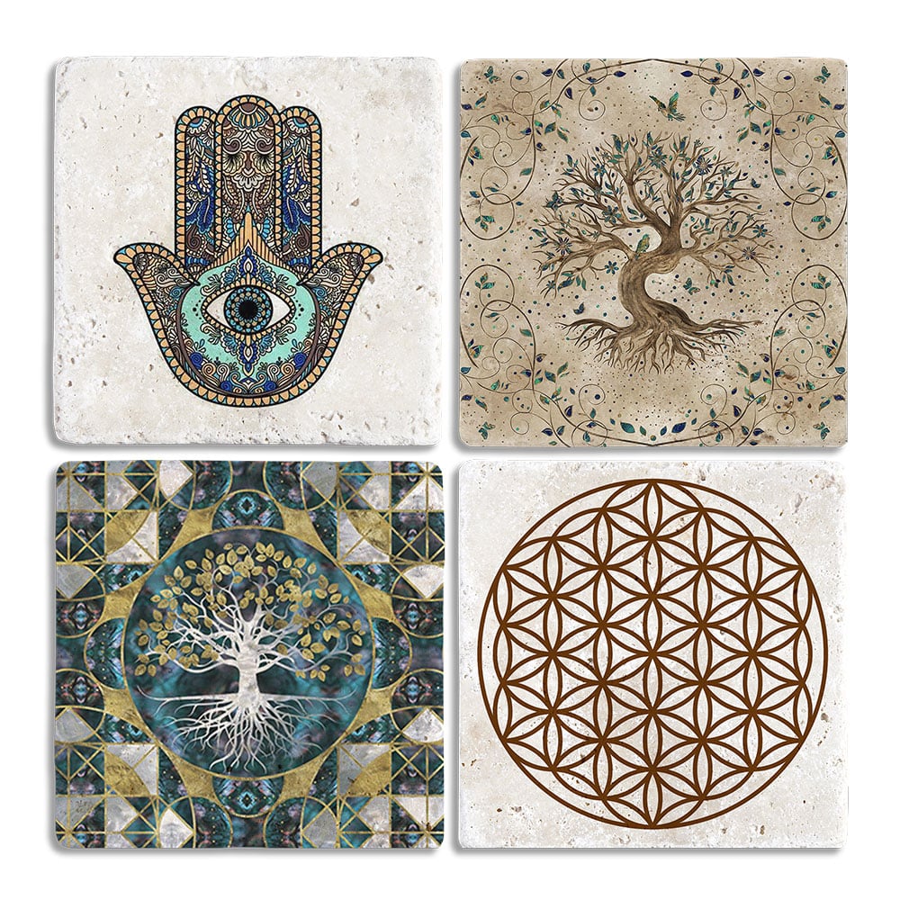 Oscar Stone Decor Taş Bardak Altlığı Stone Coasters - 4lü Set Hayat Ağacı Fatma Ana Eli