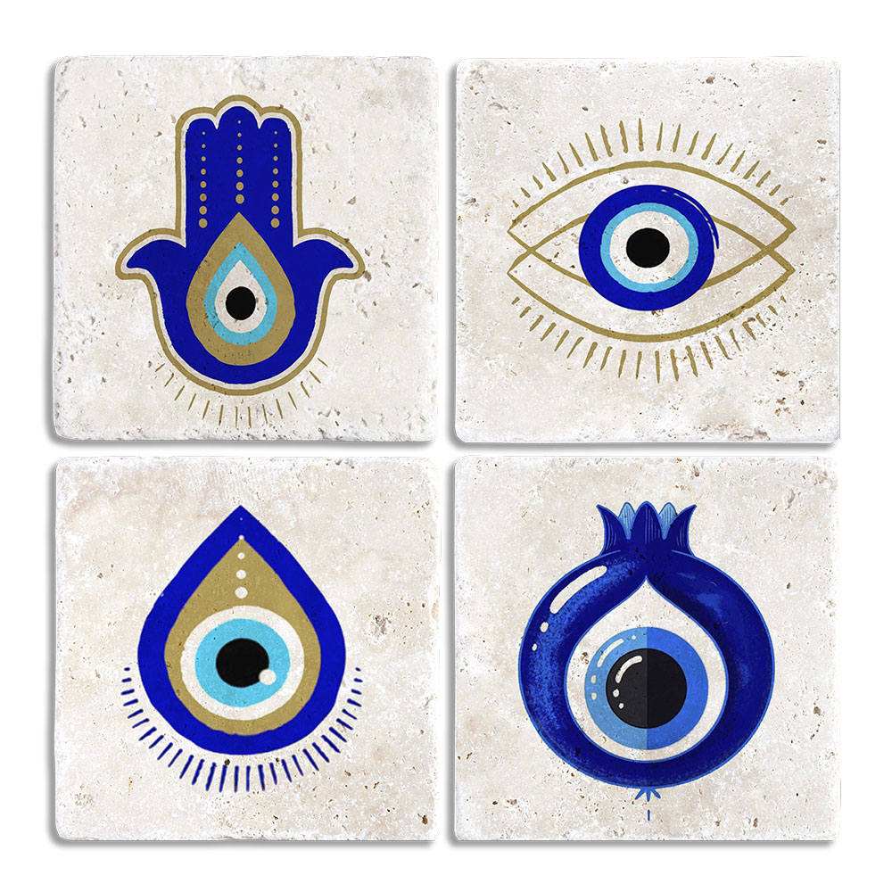 Oscar Stone Decor Taş Bardak Altlığı Stone Coasters - 4 LÜ SET (10 cmx10 cm) Nazar Boncuğu
