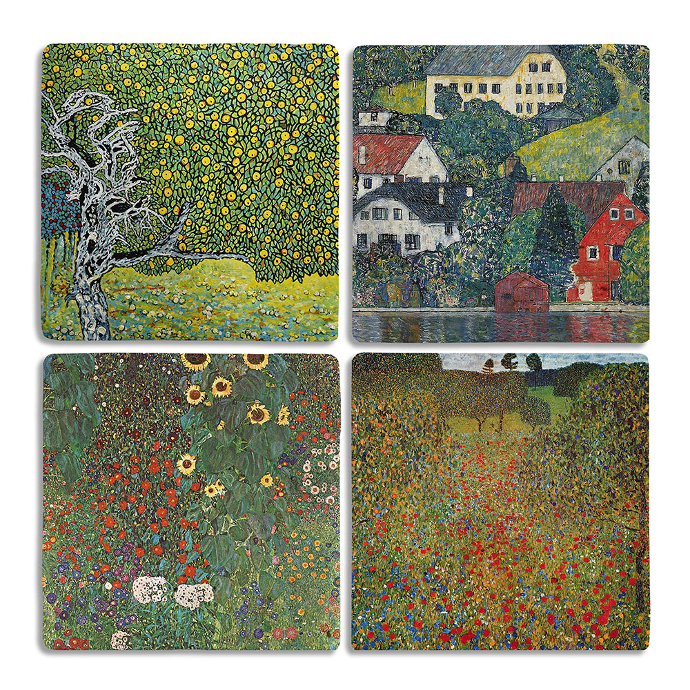 Oscar Stone Decor Taş Bardak Altlığı Stone Coasters - 4lü Set Gustav Klimt Tabloları