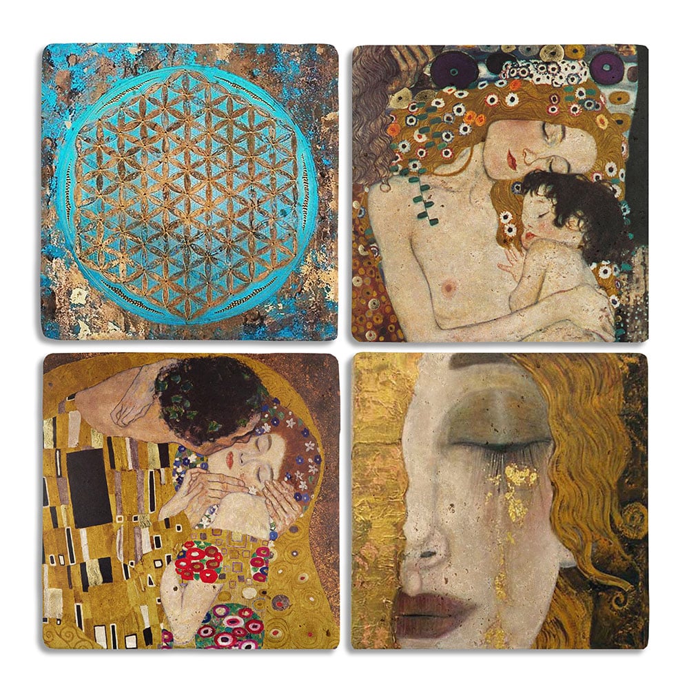 Oscar Stone Decor Taş Bardak Altlığı Stone Coasters - 4lü Set Gustav Klimt ve Yaşam Çiçeği