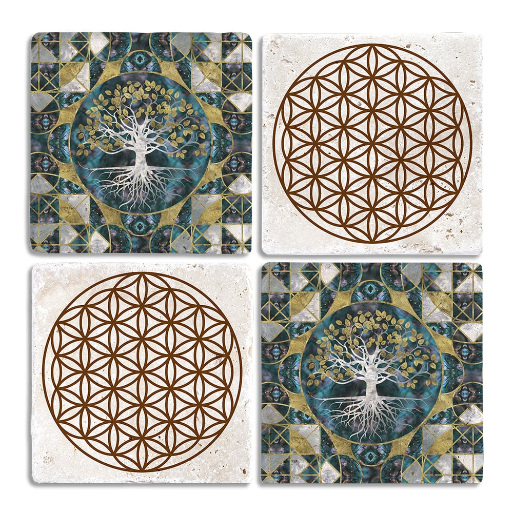 Oscar Stone Decor Taş Bardak Altlığı Stone Coasters - 4lü Set Yaşam Çiçeği Hayat Ağacı