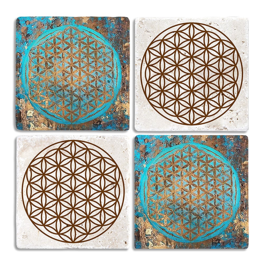 Oscar Stone Decor Taş Bardak Altlığı Stone Coasters - 4lü Set Yaşam Çiçeği Seti