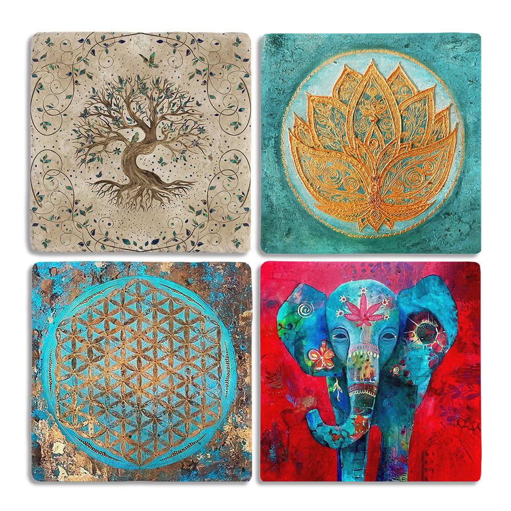 Oscar Stone Decor Taş Bardak Altlığı Stone Coasters - 4lü Set Fil Lotus ve Yaşam Çiçeği