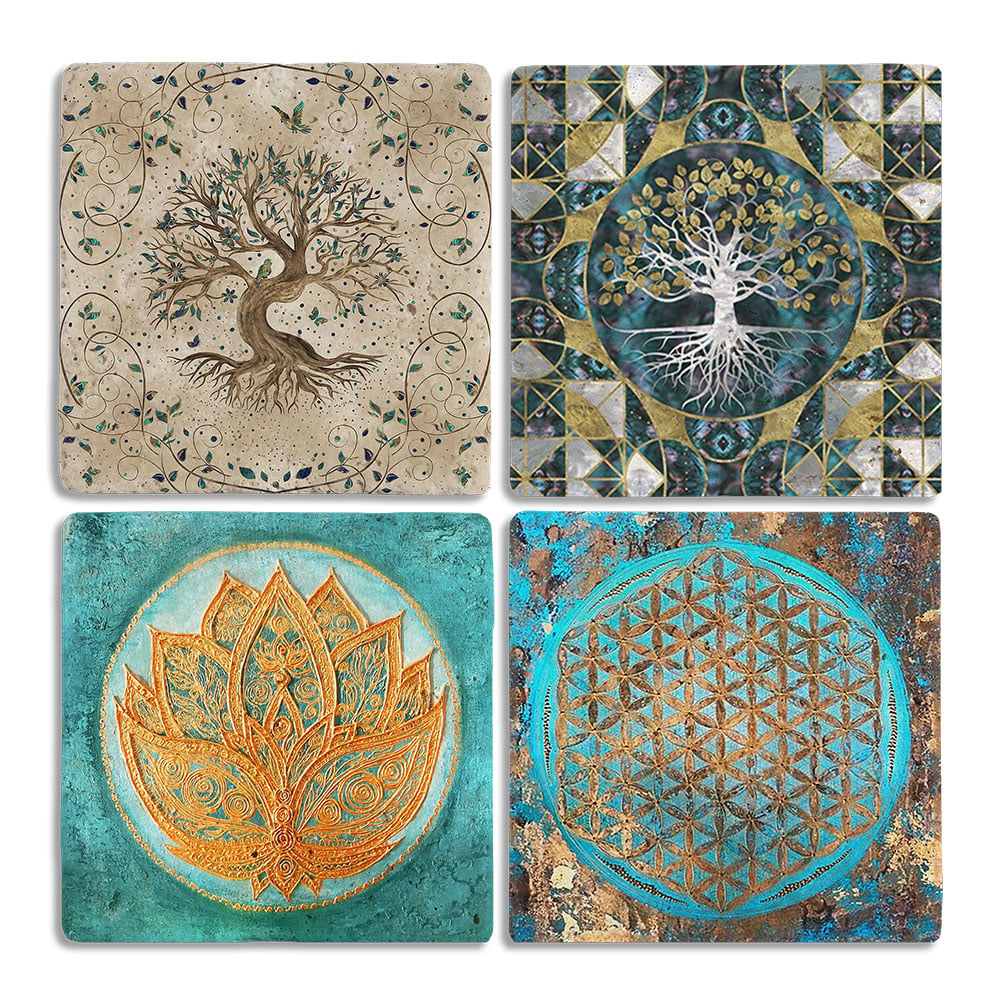 Oscar Stone Decor Taş Bardak Altlığı Stone Coasters - 4lü Set Hayat Ağacı Yaşam Çiçeği Seti