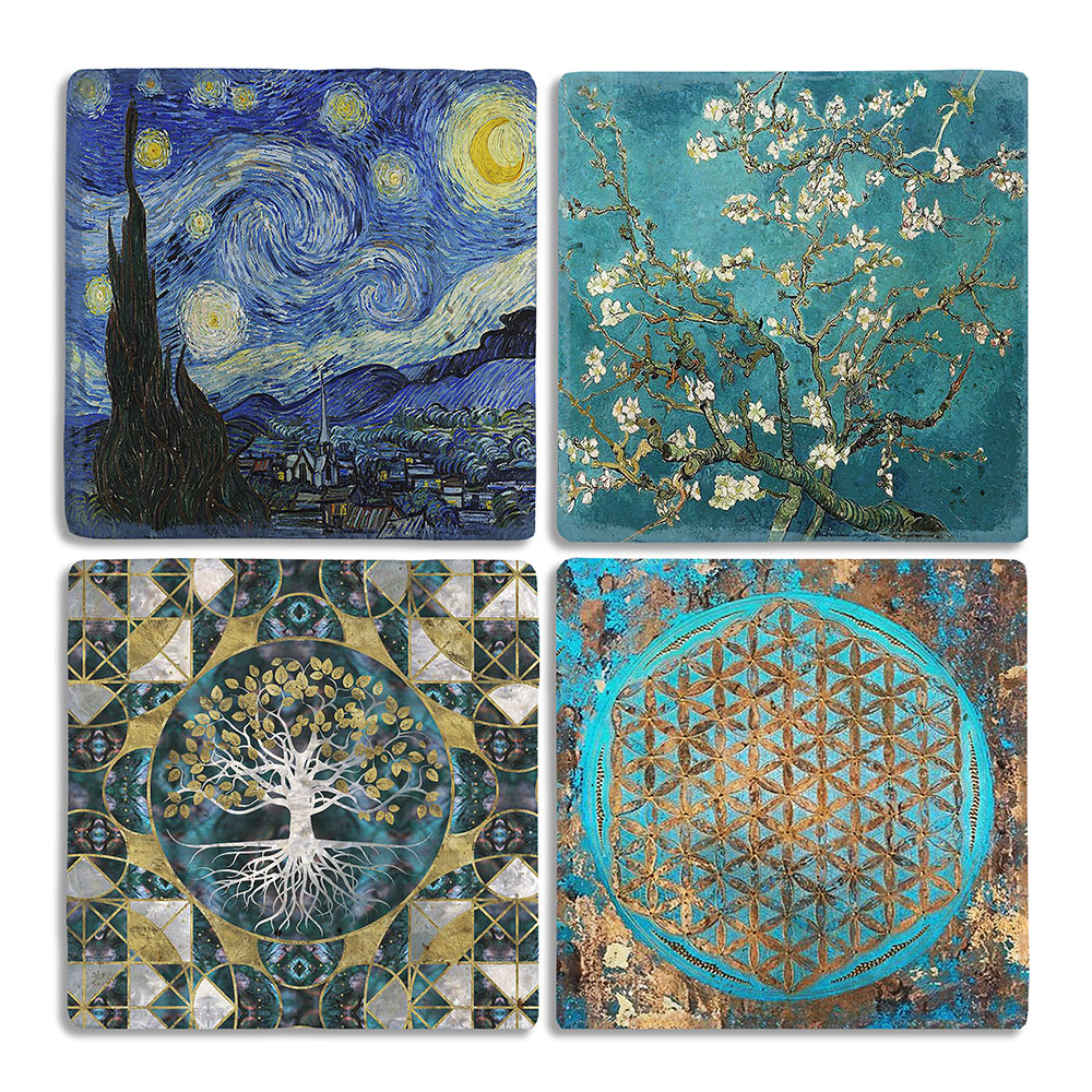 Oscar Stone Decor Taş Bardak Altlığı Stone Coasters - 4lü Set an Gogh Tabloları ve Life Tree