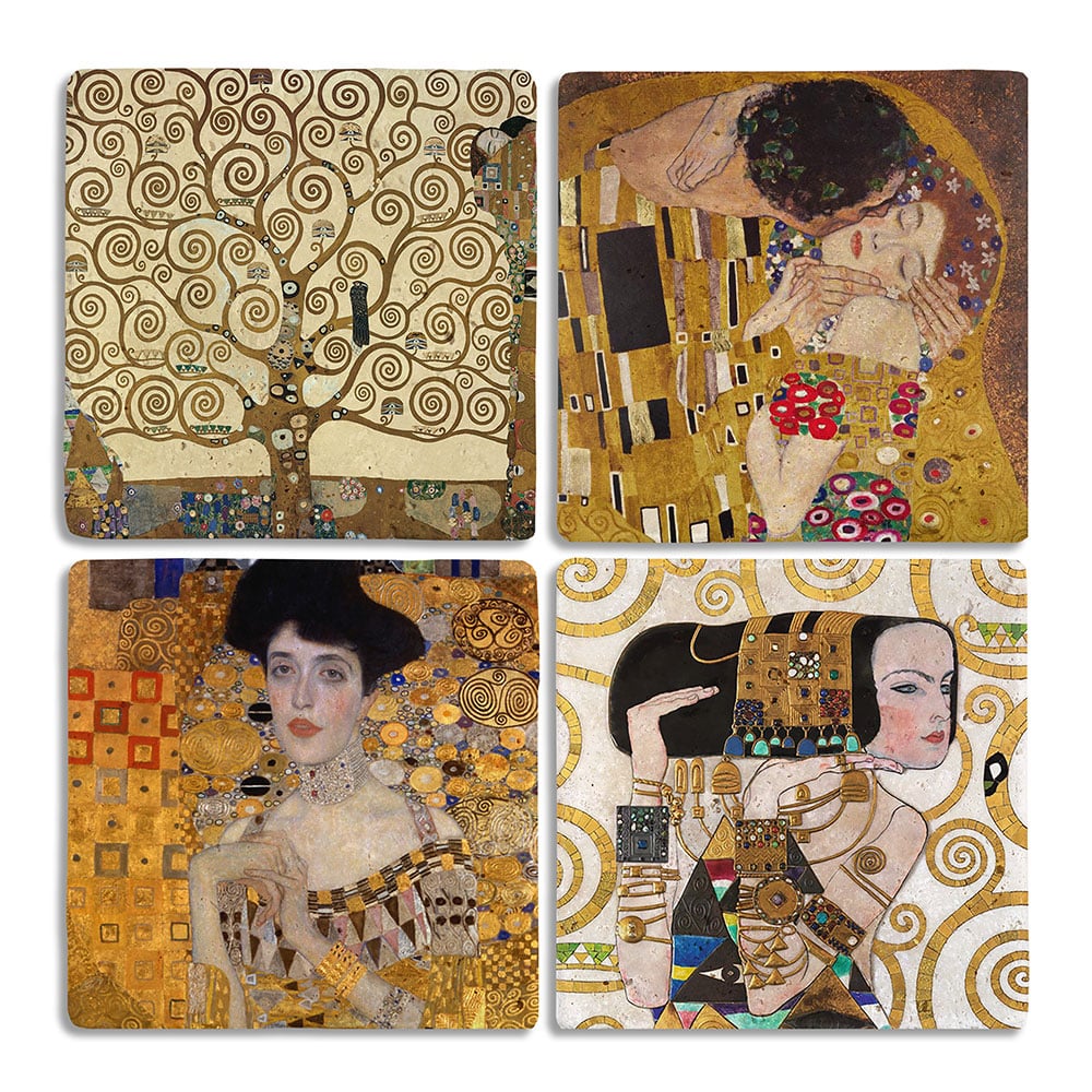 Oscar Stone Decor Taş Bardak Altlığı Stone Coasters - 4lü Set Gustav Klimt Tabloları