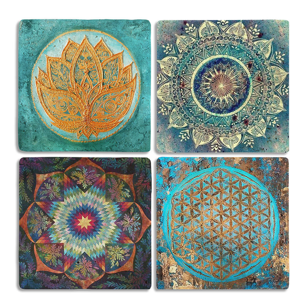 Oscar Stone Decor Taş Bardak Altlığı Stone Coasters - 4lü Set Yaşam Çiçeği Seti