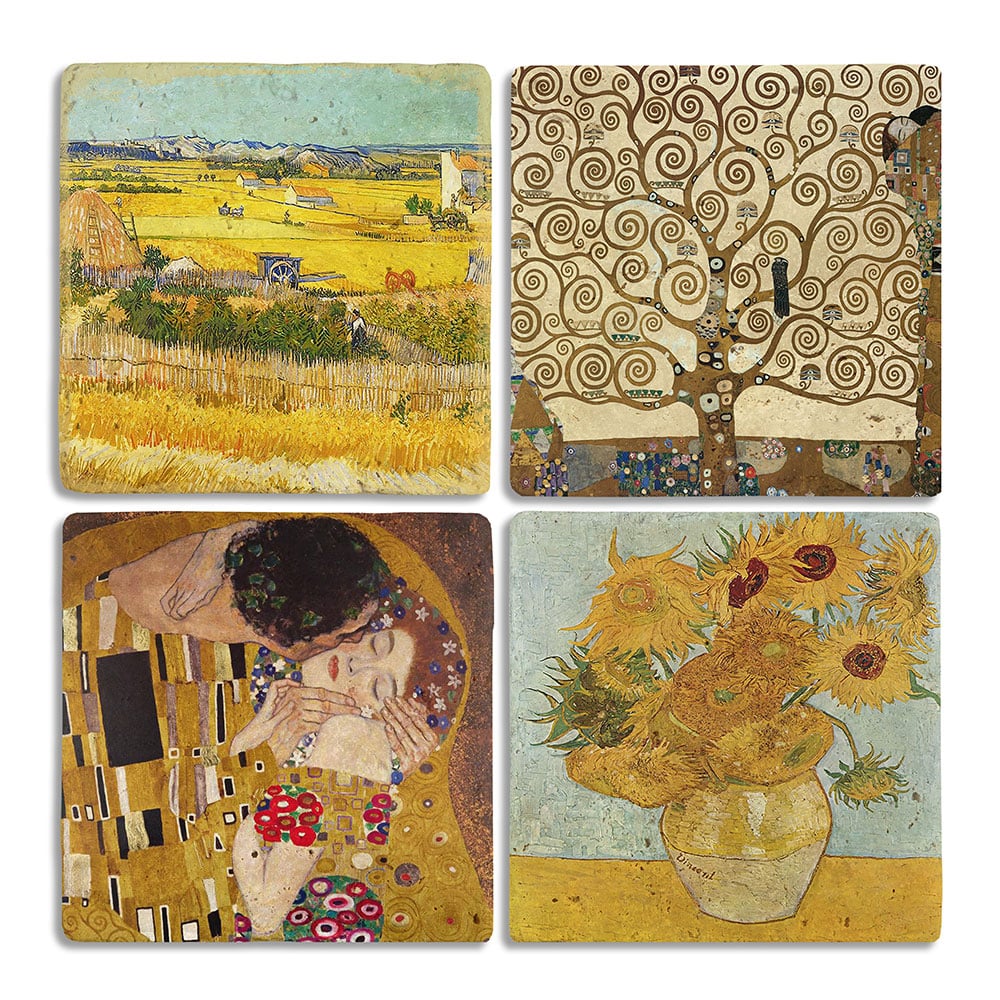 Oscar Stone Decor Taş Bardak Altlığı Stone Coasters - 4lü Set an Gustav Klimt Tabloları