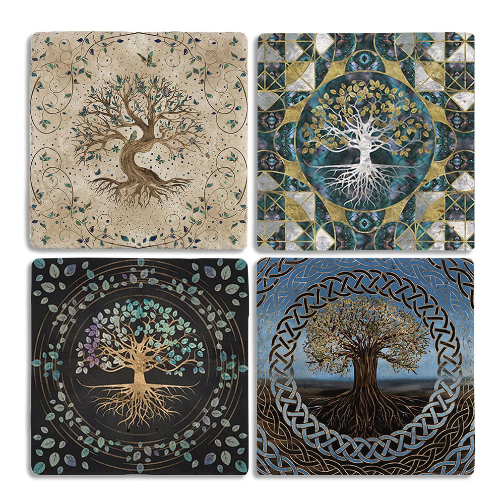 Oscar Stone Decor Taş Bardak Altlığı Stone Coasters - 4lü Set Hayat Ağacı Seti