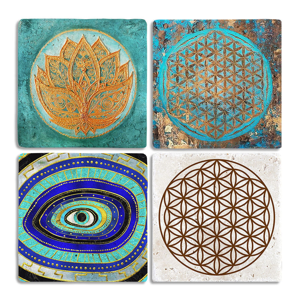 Oscar Stone Decor Taş Bardak Altlığı Stone Coasters - 4lü Set Lotus Çiçeği Yaşam Çiçeği Nazar Göz