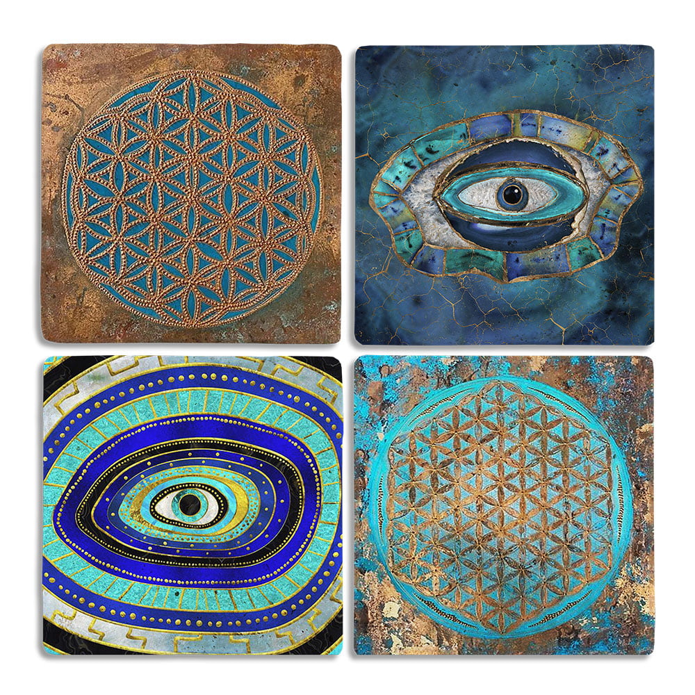 Oscar Stone Decor Taş Bardak Altlığı Stone Coasters - 4lü Set Nazar Göz Yaşam Çiçeği