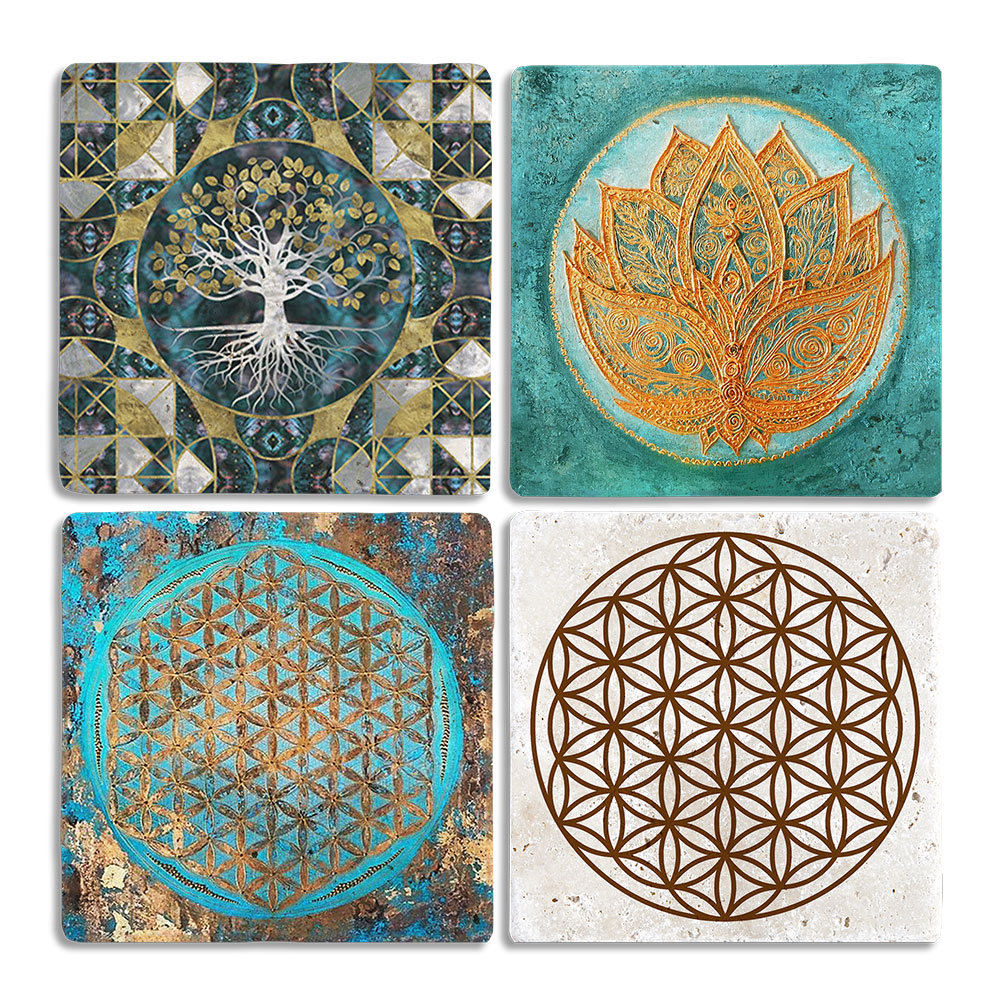 Oscar Stone Decor Taş Bardak Altlığı Stone Coasters - 4lü Set Yaşam Çiçeği Lotus Hayat Ağacı