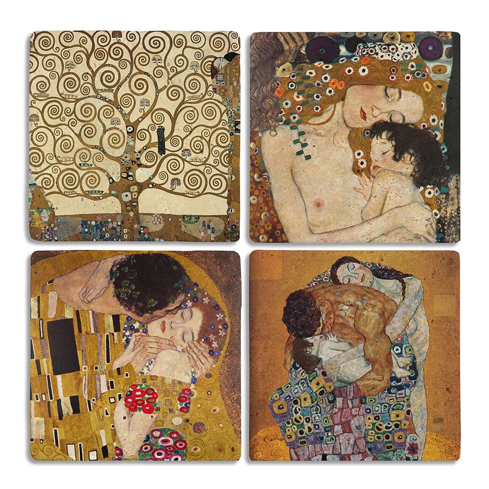 Oscar Stone Decor Taş Bardak Altlığı Stone Coasters - 4lü Set Gustav Klimt Tabloları