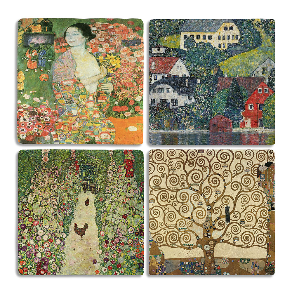 Oscar Stone Decor Taş Bardak Altlığı Stone Coasters - 4lü Set Gustav Klimt Tabloları