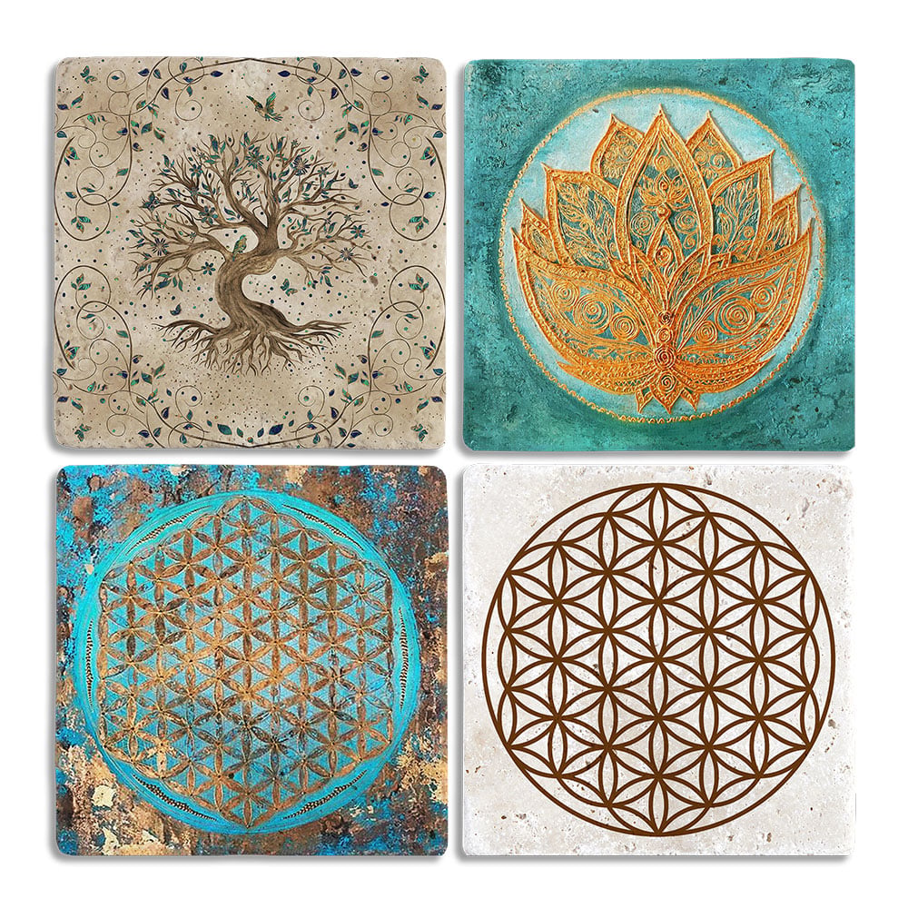 Oscar Stone Decor Taş Bardak Altlığı Stone Coasters - 4lü Set Yaşam Çiçeği Hayat Ağacı Seti