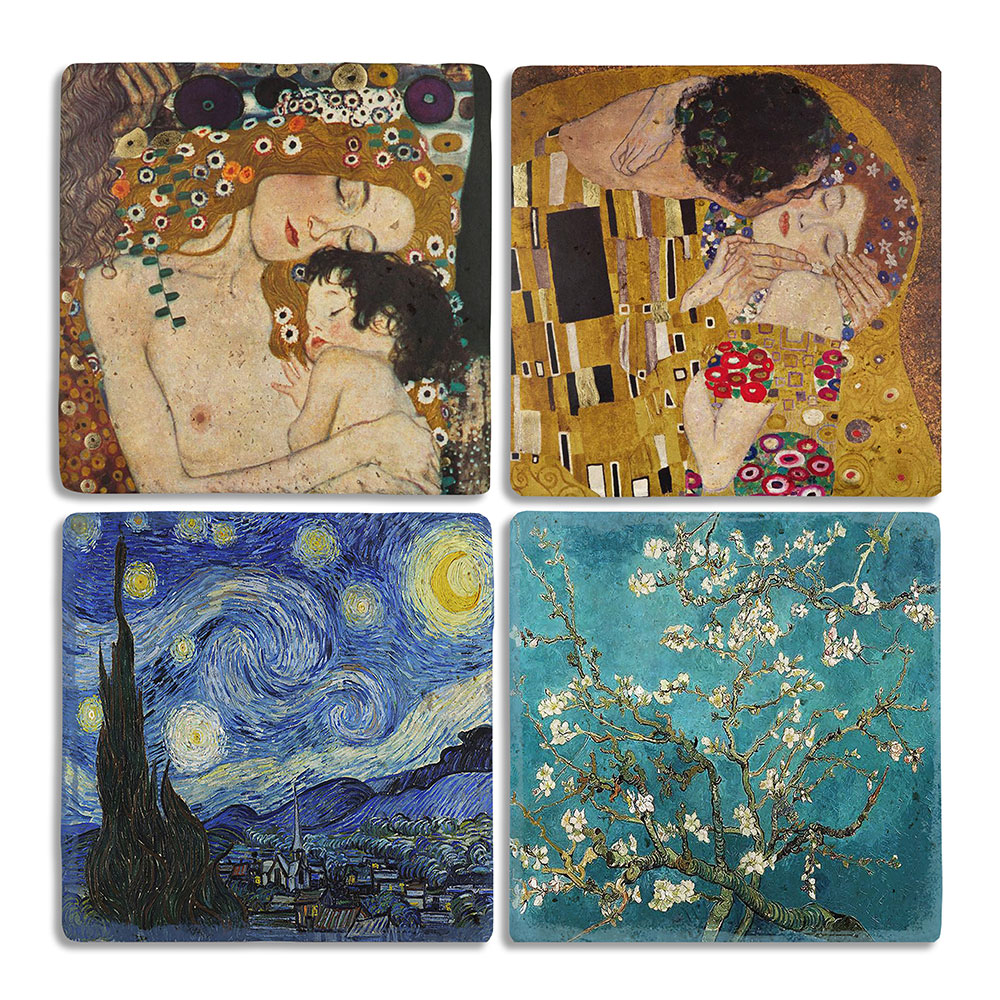 Oscar Stone Decor Taş Bardak Altlığı Stone Coasters - 4lü Set Gustav Klimt ve Van Gogh Tabloları