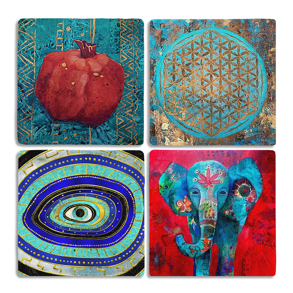 Oscar Stone Decor Taş Bardak Altlığı Stone Coasters - 4lü Set Fil Nazar Göz Yaşam Çiçeği