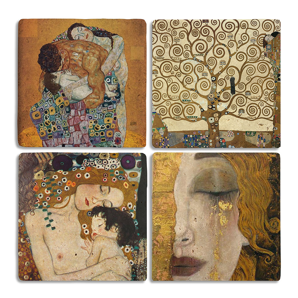 Oscar Stone Decor Taş Bardak Altlığı Stone Coasters - 4lü Set Gustav Klimt Tabloları