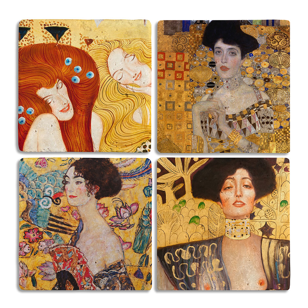 Oscar Stone Decor Taş Bardak Altlığı Stone Coasters - 4lü Set Gustav Klimt Tabloları