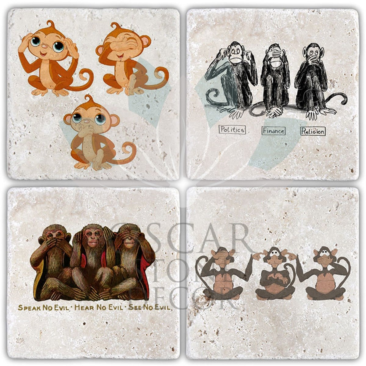 OSCAR STONE DECOR ÜÇ MAYMUN 4'lü DOĞALTAŞ BARDAK ALTLIĞI / BA390 (COASTER)