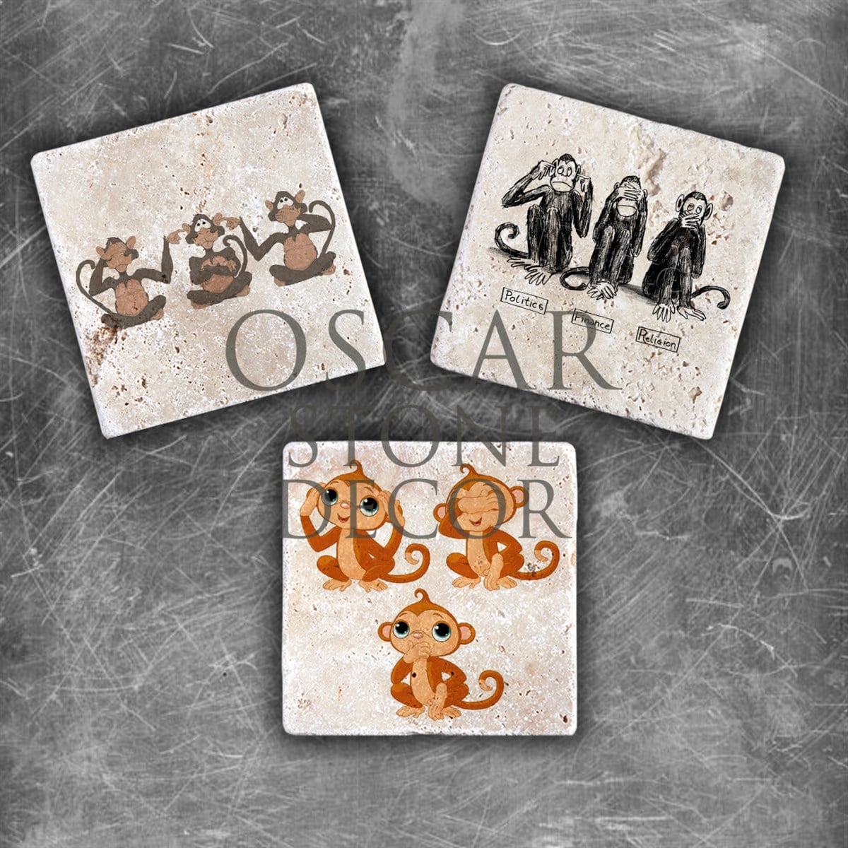 OSCAR STONE DECOR ÜÇ MAYMUN DOĞALTAŞ MAGNET SETİ / MG-116