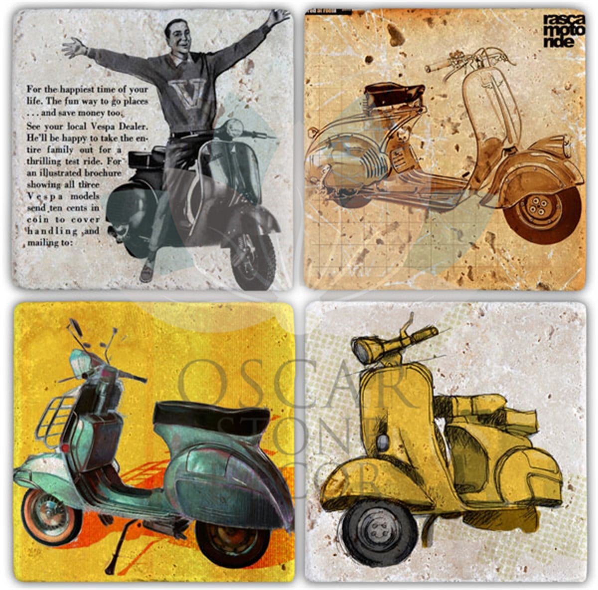 OSCAR STONE DECOR VESPA 4'lü DOĞALTAŞ BARDAK ALTLIĞI / BA028 (COASTER)
