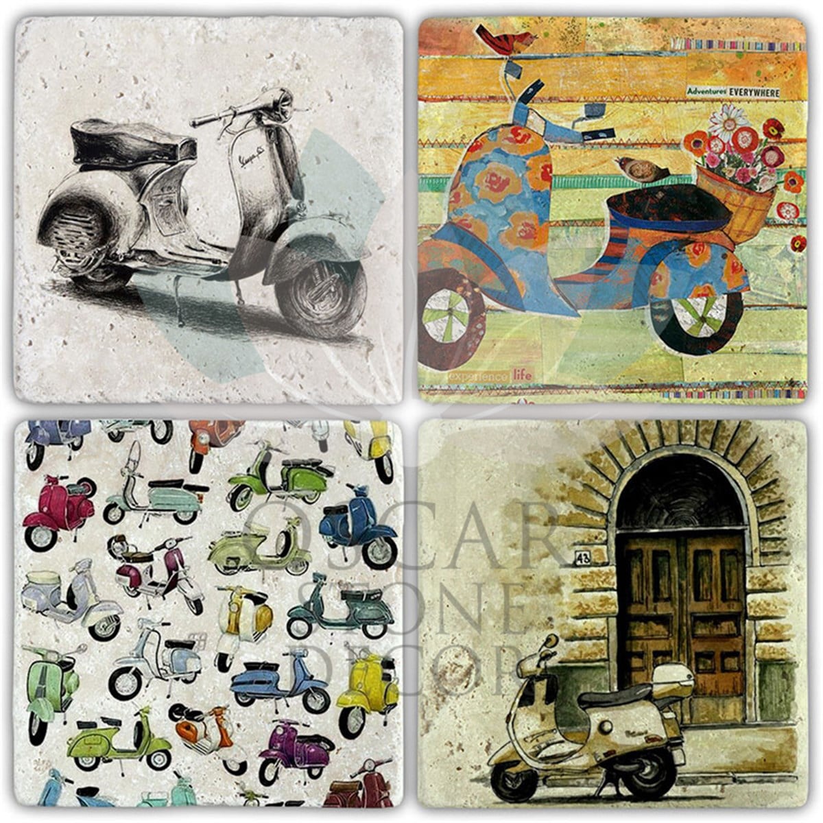 OSCAR STONE DECOR VESPA LOVES 4'lü DOĞALTAŞ BARDAK ALTLIĞI / BA426 (COASTER)