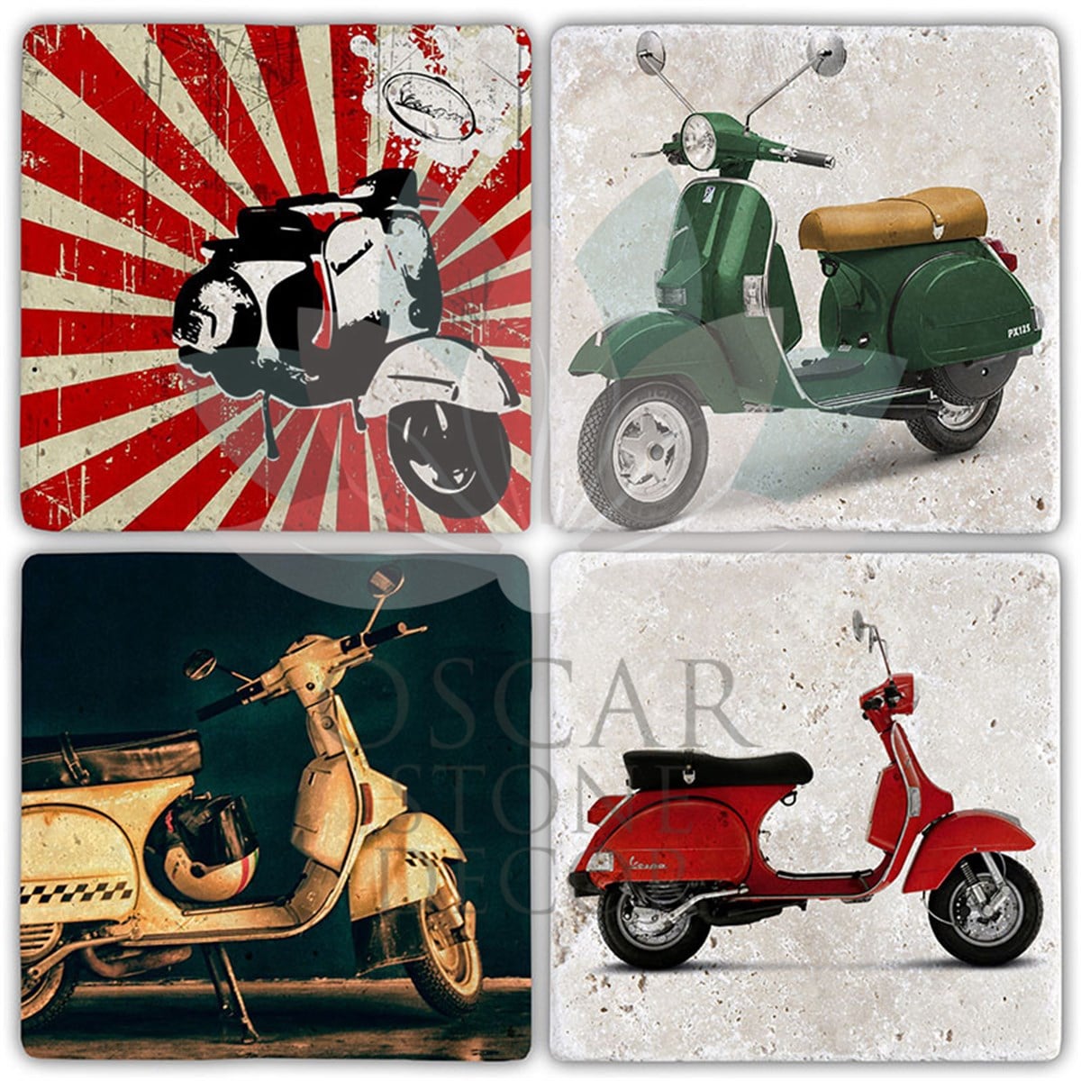 OSCAR STONE DECOR VESPA MOTORCYCLE 4'lü DOĞALTAŞ BARDAK ALTLIĞI / BA349 (COASTER)