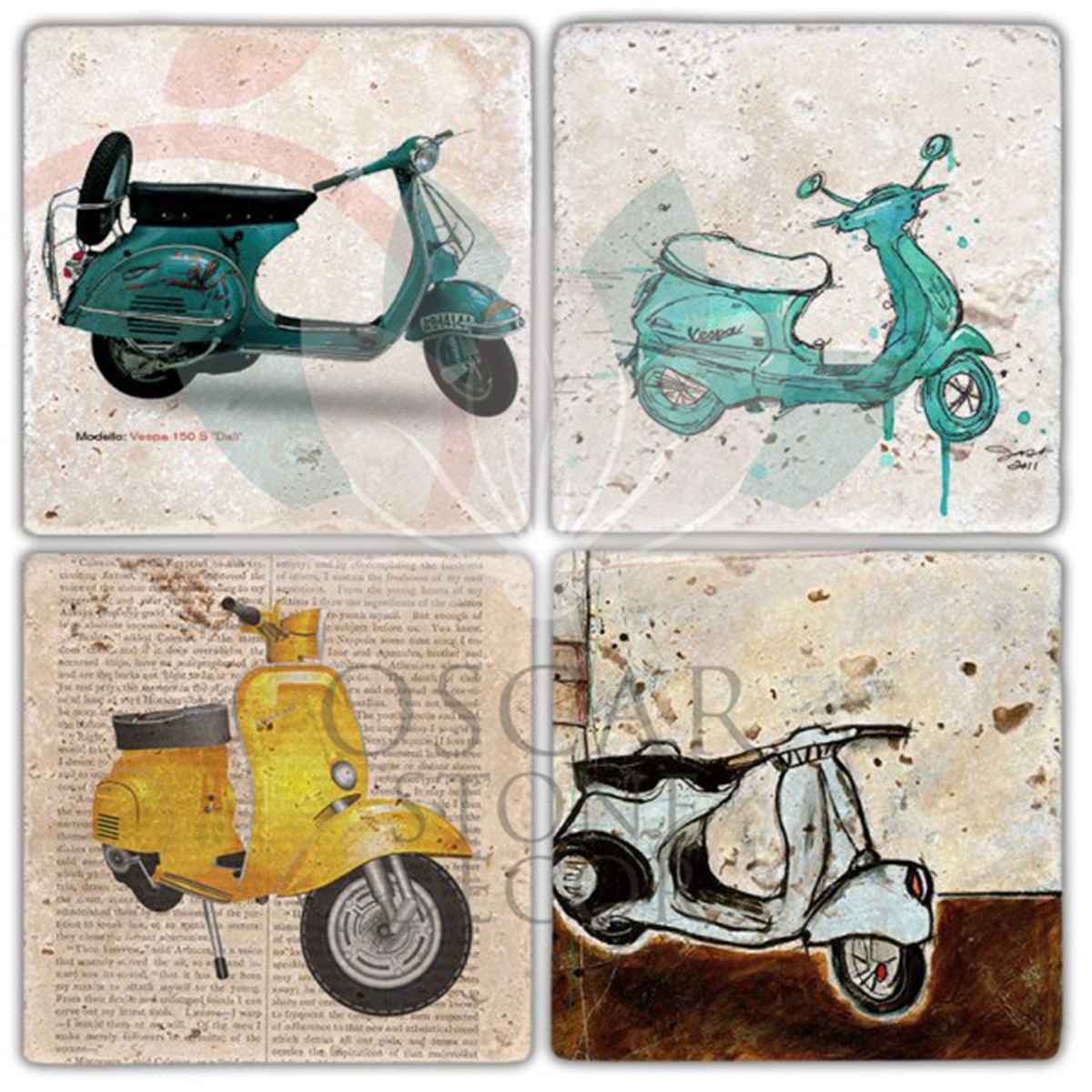 OSCAR STONE DECOR VESPA STYLE 4'lü DOĞALTAŞ BARDAK ALTLIĞI / BA337 (COASTER)