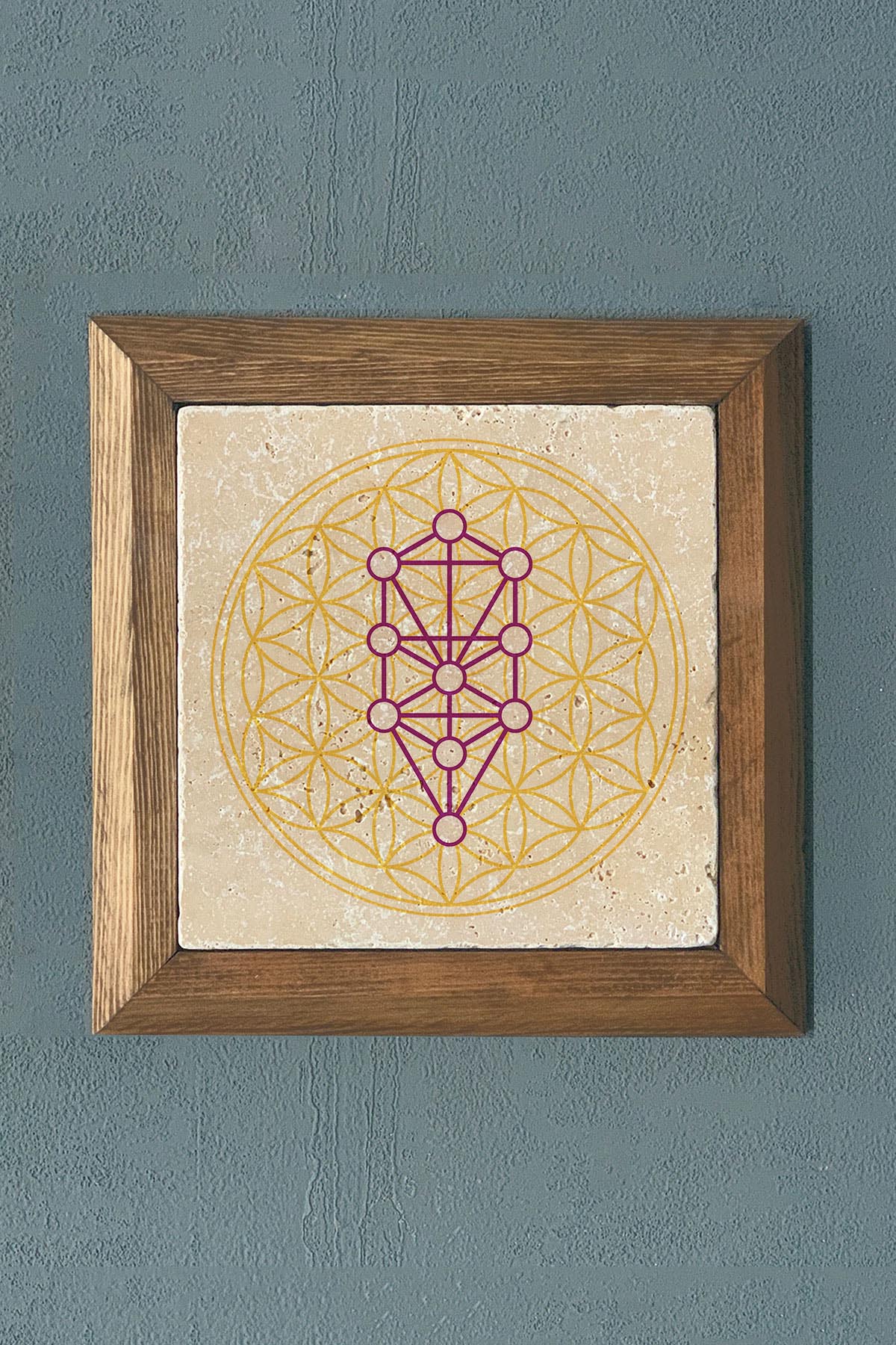 Oscar Stone Decor Yaşam Çiçeği Hüman Design Masif Ahşap Çerçeveli Taş Tablo 28X28 CM