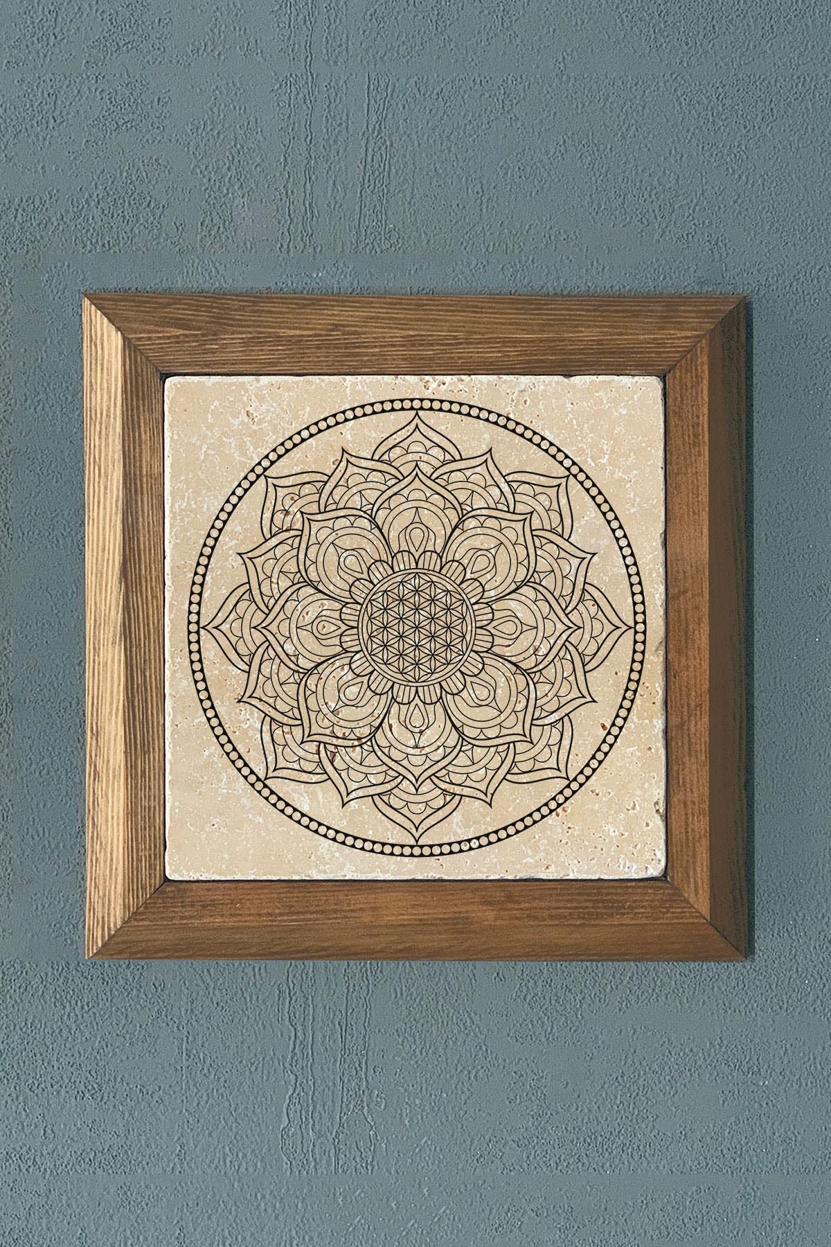 Oscar Stone Decor Yaşam Çiçeği Mandala Masif Ahşap Çerçeveli Taş Tablo -Duvar Dekoru-28X28 CM