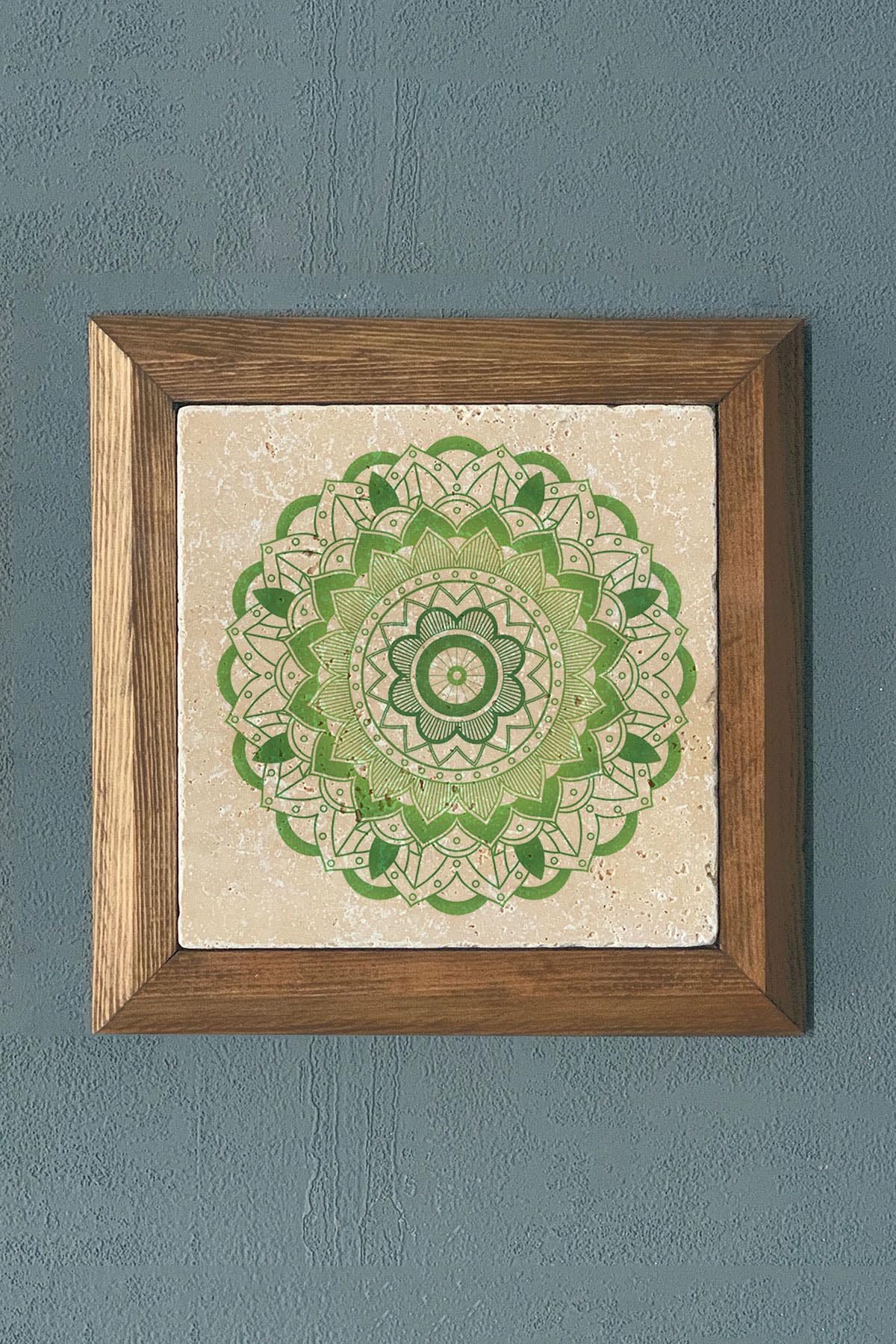 Oscar Stone Decor Yaşam Çiçeği Mandala Masif Ahşap Çerçeveli Taş Tablo -Duvar Dekoru-28X28 CM