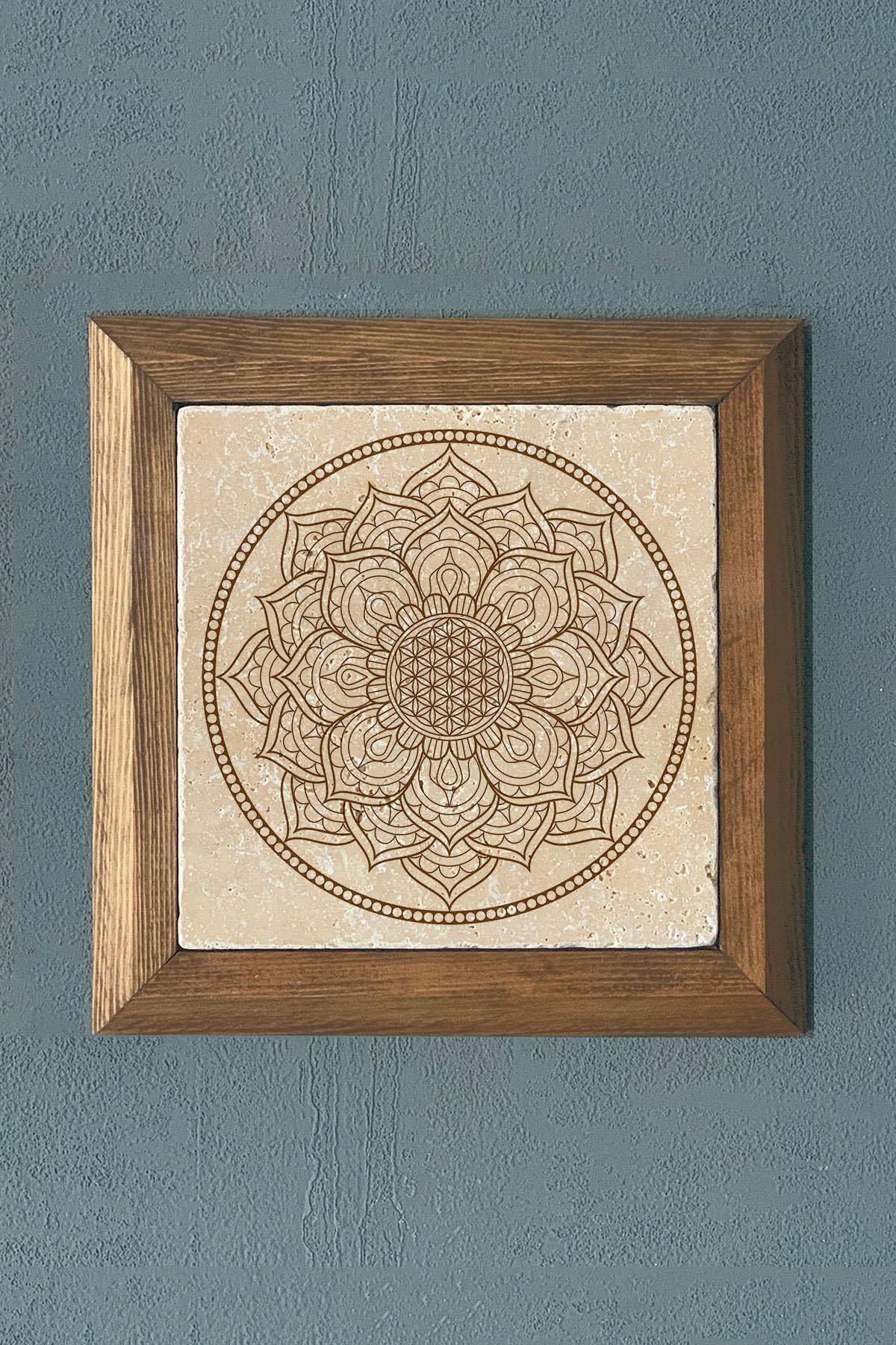 Oscar Stone Decor Yaşam Çiçeği Mandala Masif Ahşap Çerçeveli Taş Tablo -Duvar Dekoru-28X28 CM