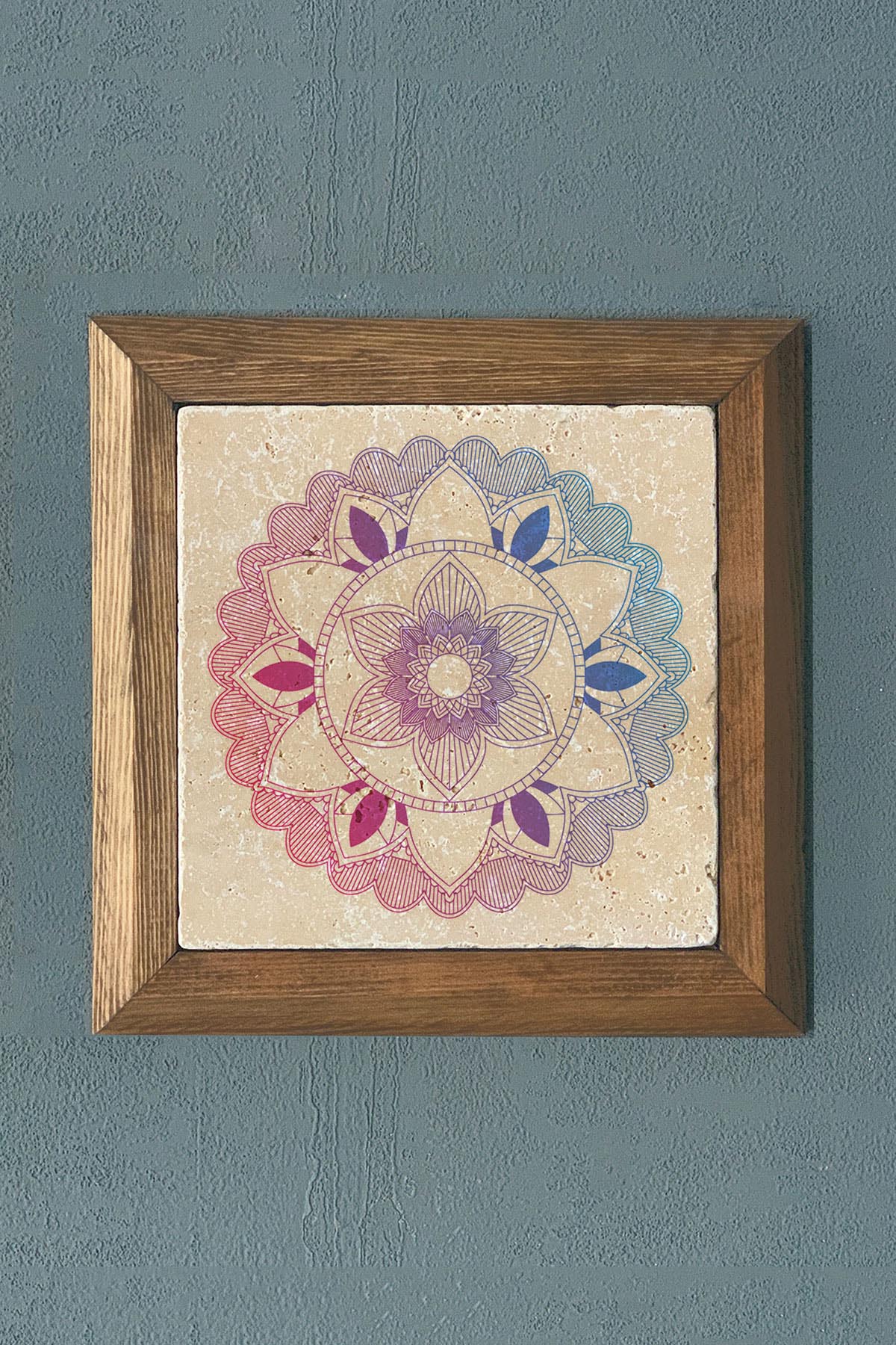 Oscar Stone Decor Yaşam Çiçeği Mandala Masif Ahşap Çerçeveli Taş Tablo -Duvar Dekoru-28X28 CM