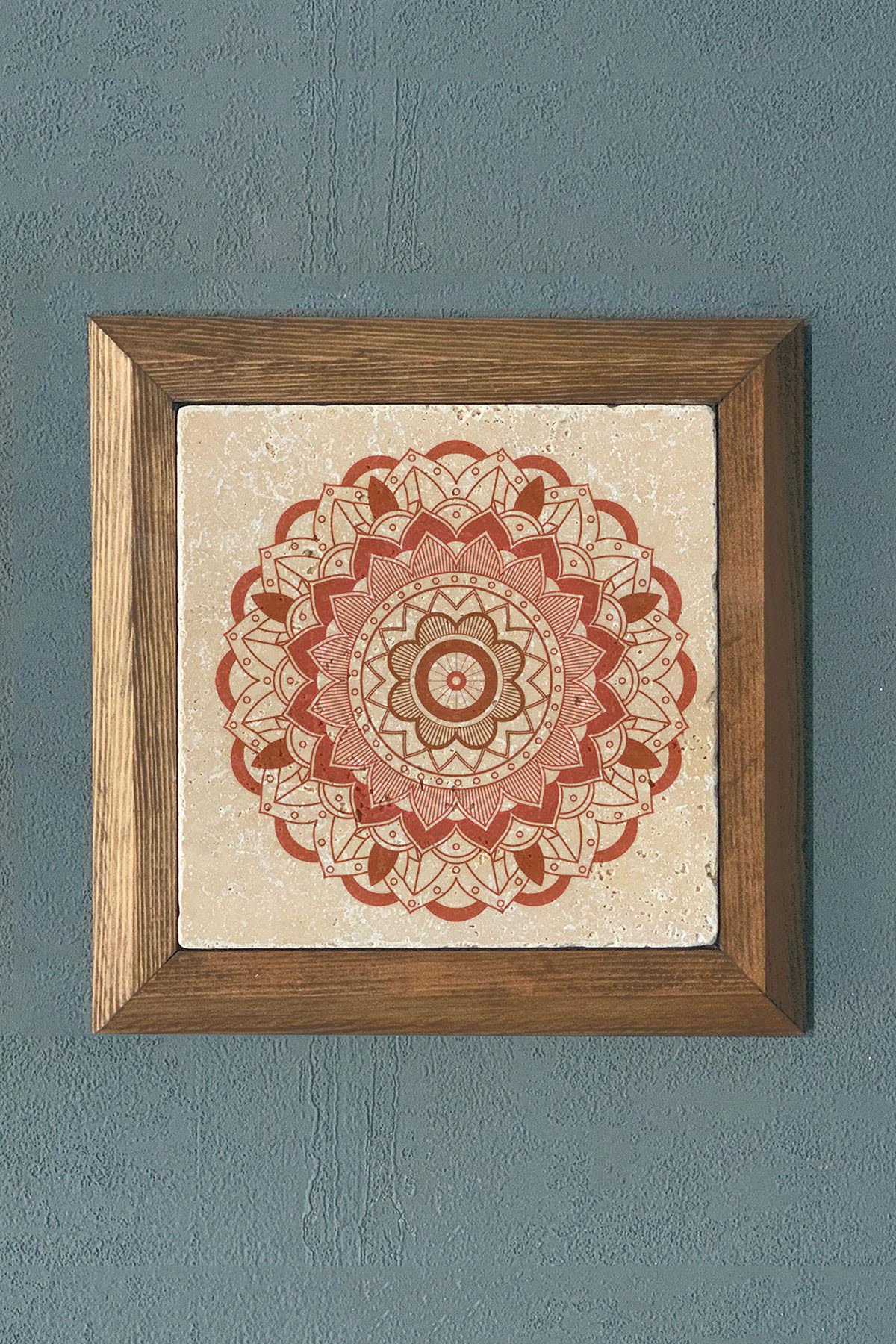 Oscar Stone Decor Yaşam Çiçeği Mandala Masif Ahşap Çerçeveli Taş Tablo -Duvar Dekoru-28X28 CM