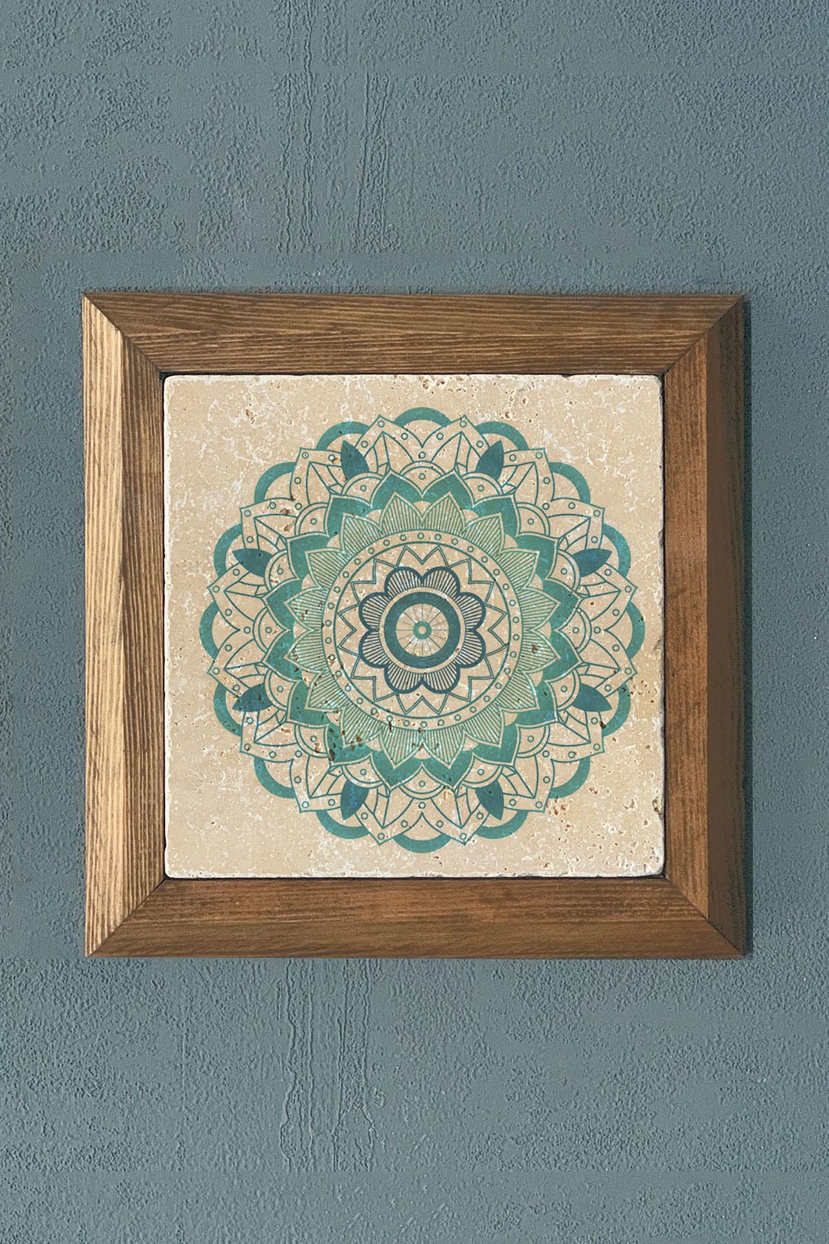 Oscar Stone Decor Yaşam Çiçeği Mandala Masif Ahşap Çerçeveli Taş Tablo -Duvar Dekoru-28X28 CM