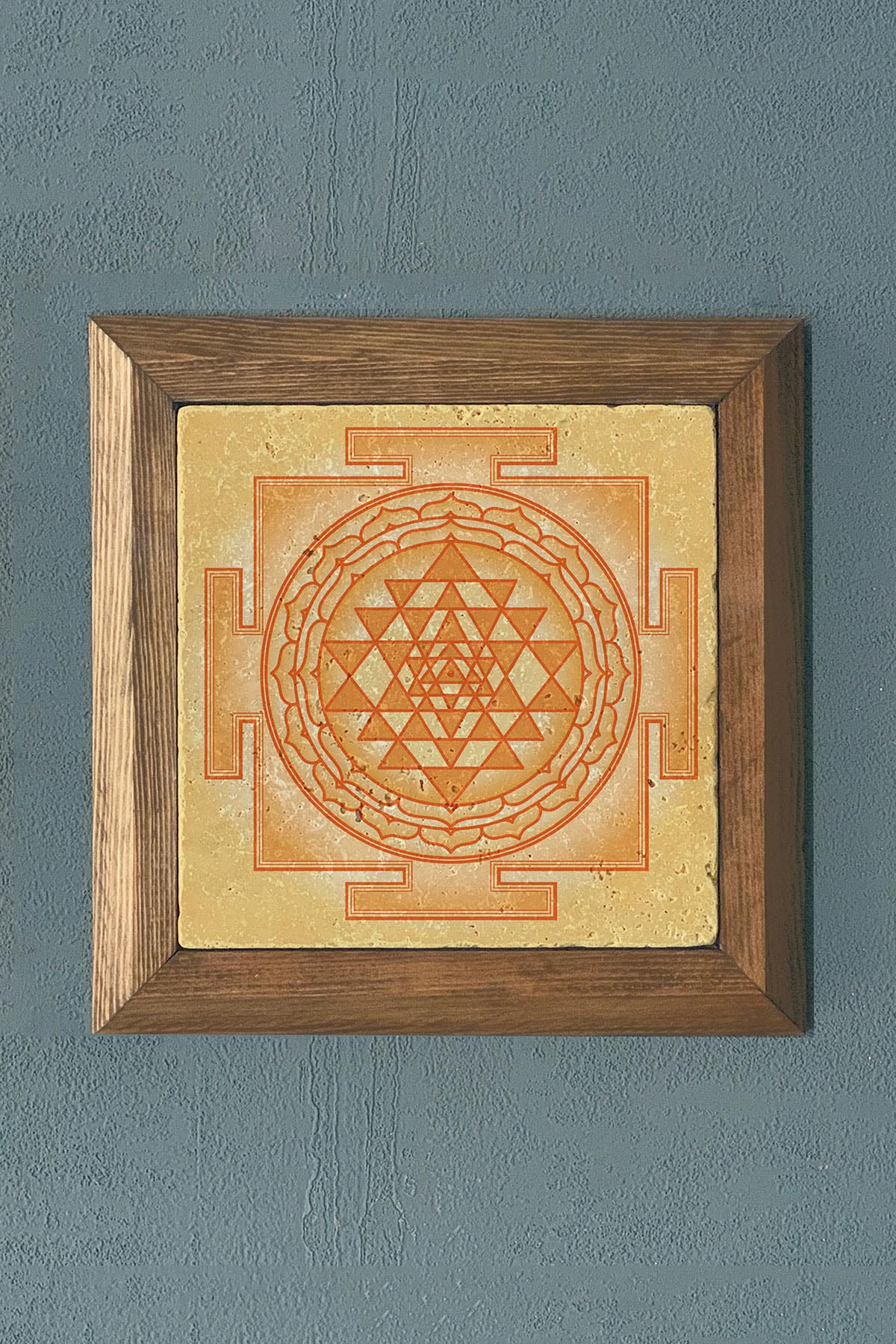 Oscar Stone Decor YSri Yantra Masif Ahşap Çerçeveli Taş Tablo -Duvar Dekoru-28X28 CM