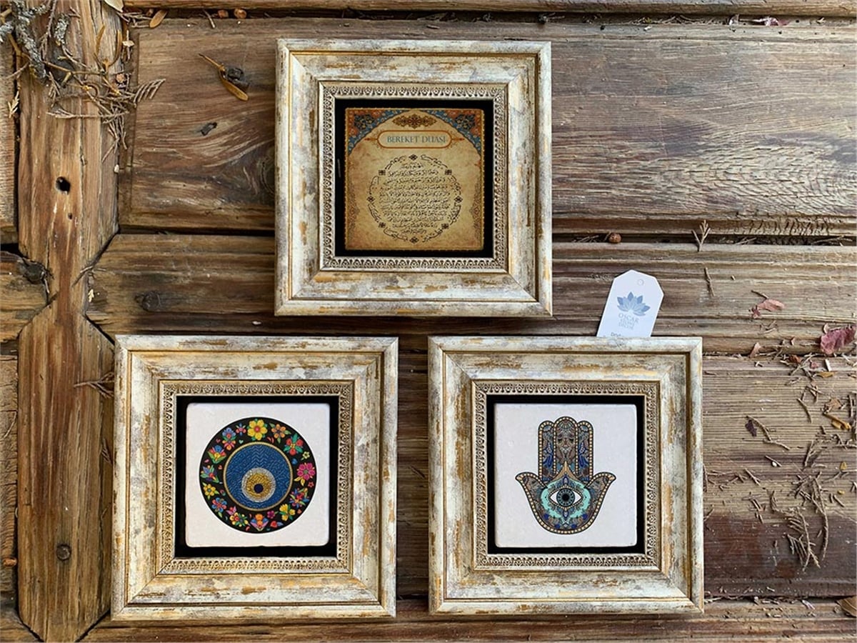Oscar StoneDecor Çerçeveli Taş DuvarDekoru 20x20cm 3lüset Fatma Ana Eli,Bereket Duası ,Nazar Boncuğu