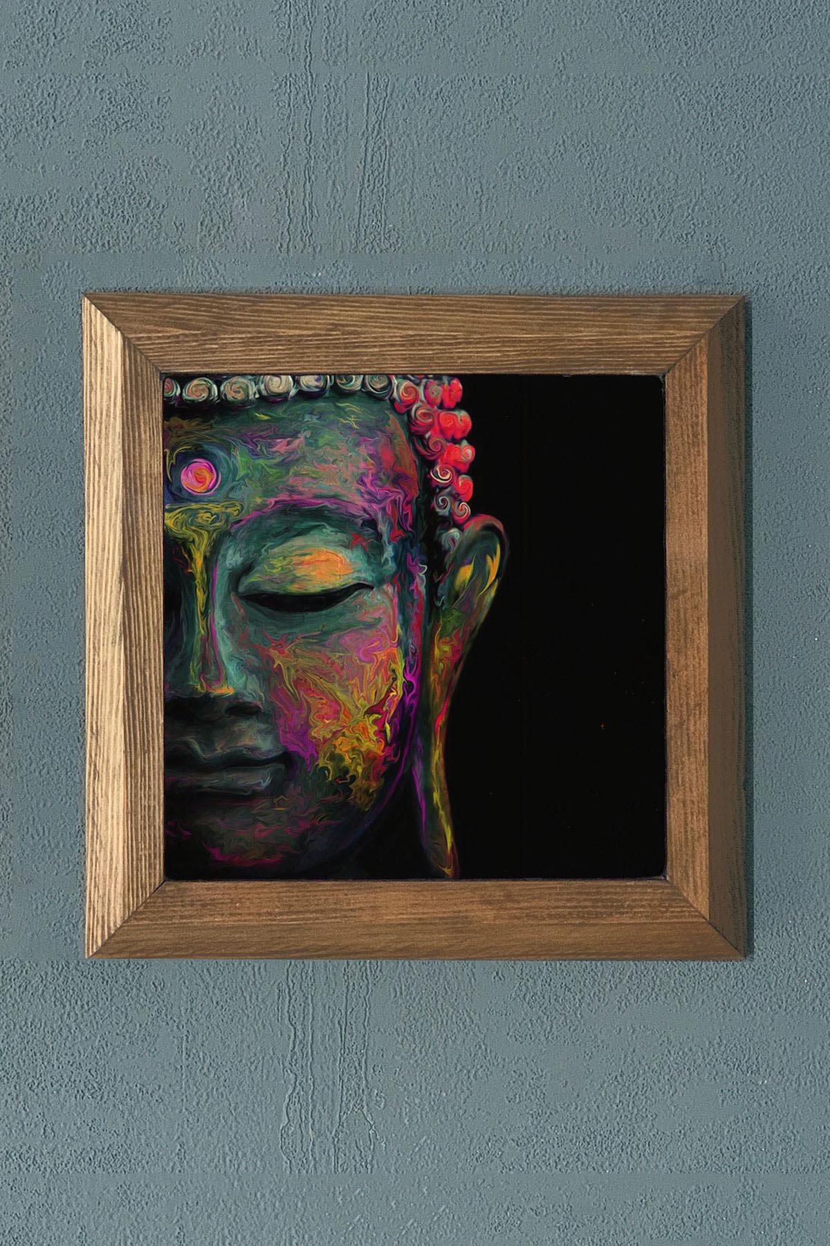RENKLİ BUDHA-Masif Çerçeveli Taş Tablo-Wall Decor- Oscar Stone Decor 28X28 CM