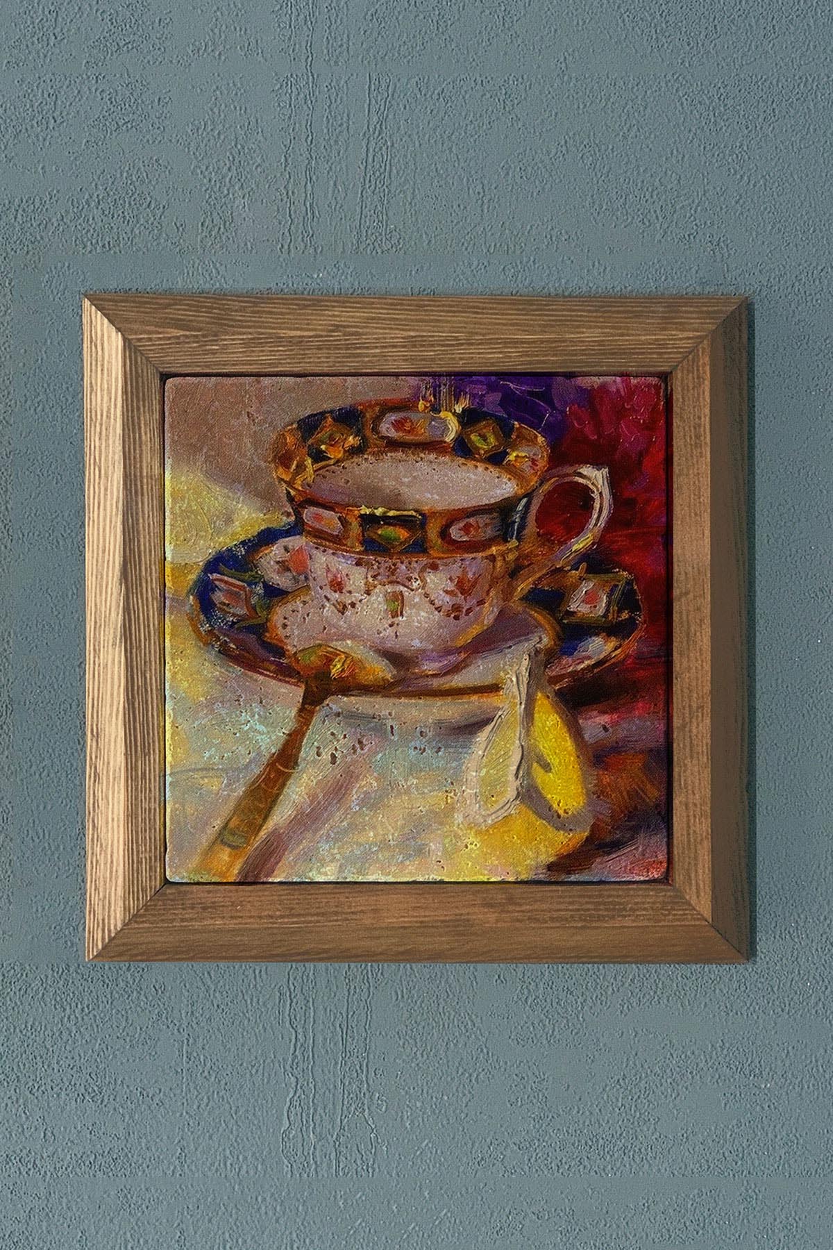 Renkli Fincan Masif Çerçeveli Taş Tablo-Wall Decor- Oscar Stone Decor 28X28 CM