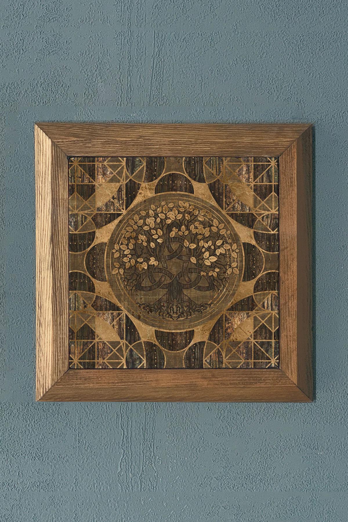 Taş Tablo- Oscar Stone Decor Hayat Ağacı (Yaşam)Masif Ahşap Çerçeveli Duvar Dekoru-28X28 CM